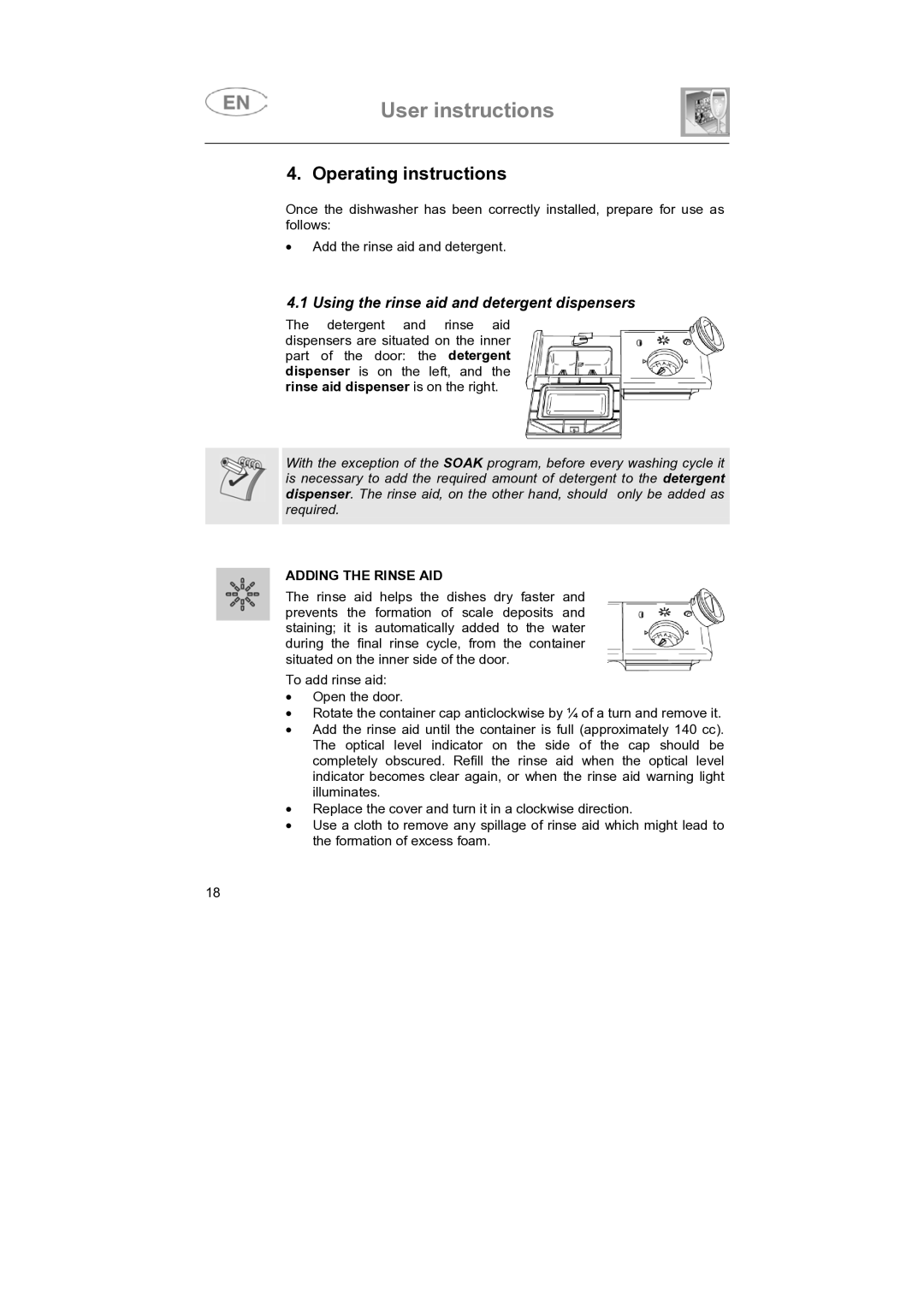 Smeg SNZ442S, SNZ4427 Operating instructions, Using the rinse aid and detergent dispensers, Adding the Rinse AID 