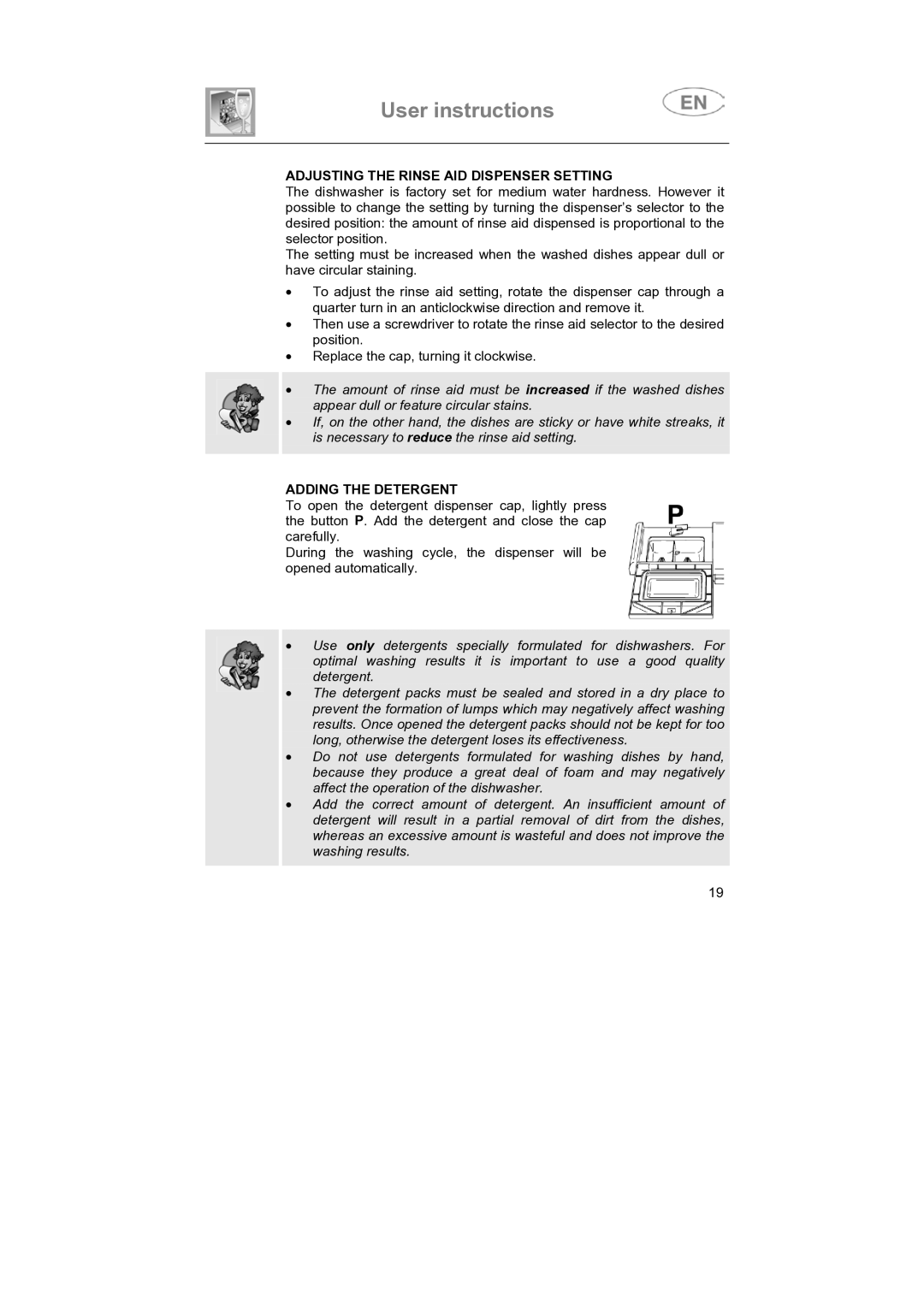 Smeg SNZ4427, SNZ442S instruction manual Adjusting the Rinse AID Dispenser Setting, Adding the Detergent 