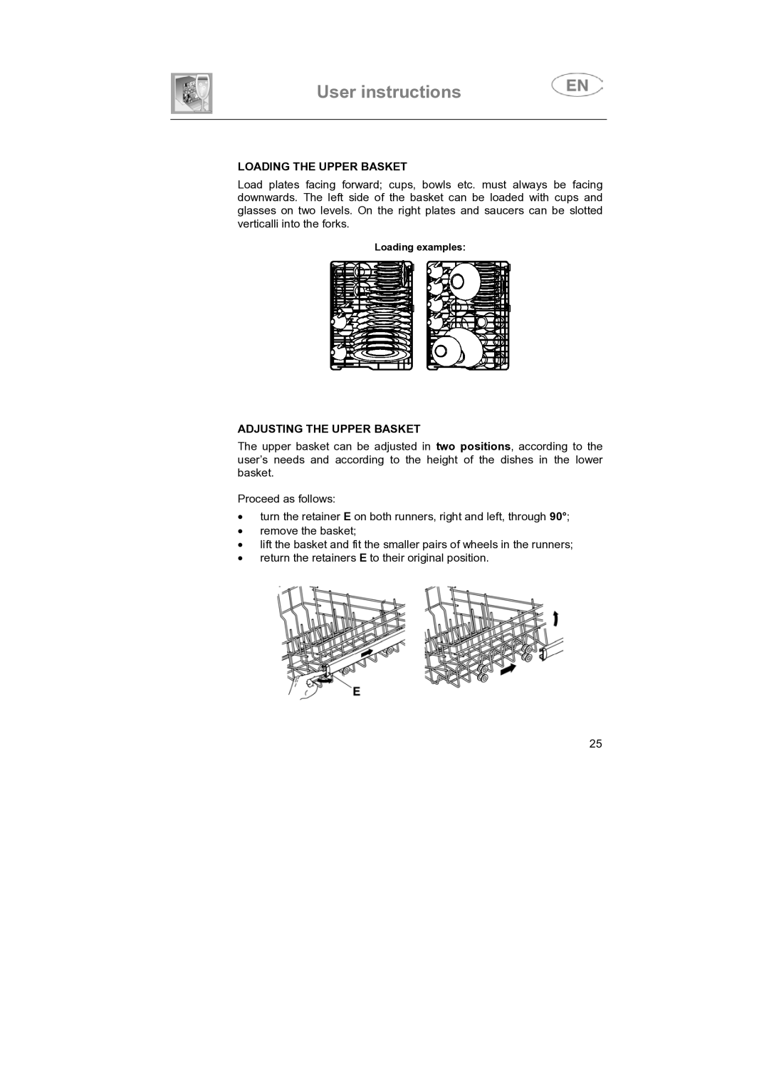 Smeg SNZ4427, SNZ442S instruction manual Loading the Upper Basket, Adjusting the Upper Basket 