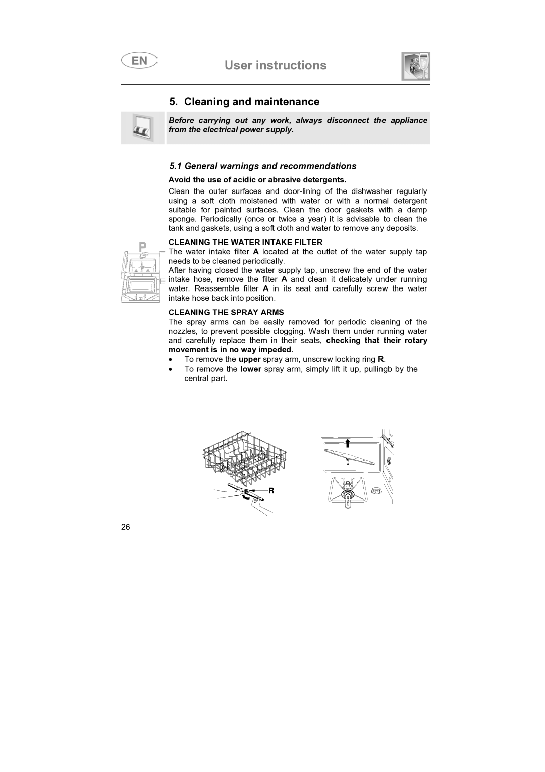 Smeg SNZ442S, SNZ4427 instruction manual Cleaning and maintenance, Cleaning the Water Intake Filter, Cleaning the Spray Arms 