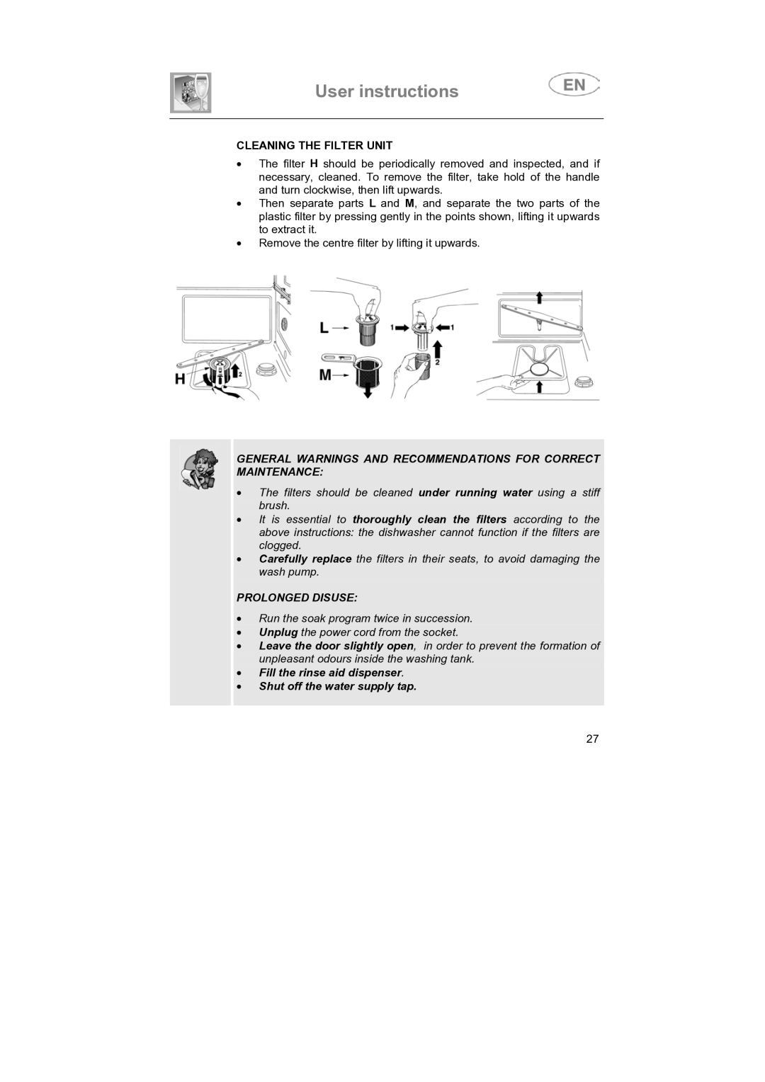 Smeg SNZ4427, SNZ442S instruction manual Cleaning the Filter Unit, Prolonged Disuse 