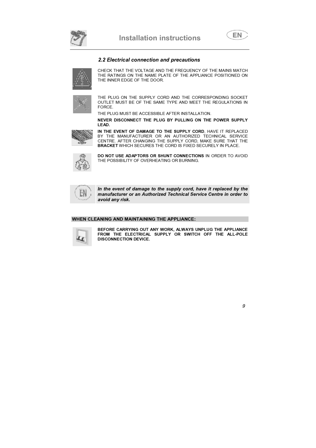 Smeg SNZ4427, SNZ442S instruction manual Electrical connection and precautions, When Cleaning and Maintaining the Appliance 