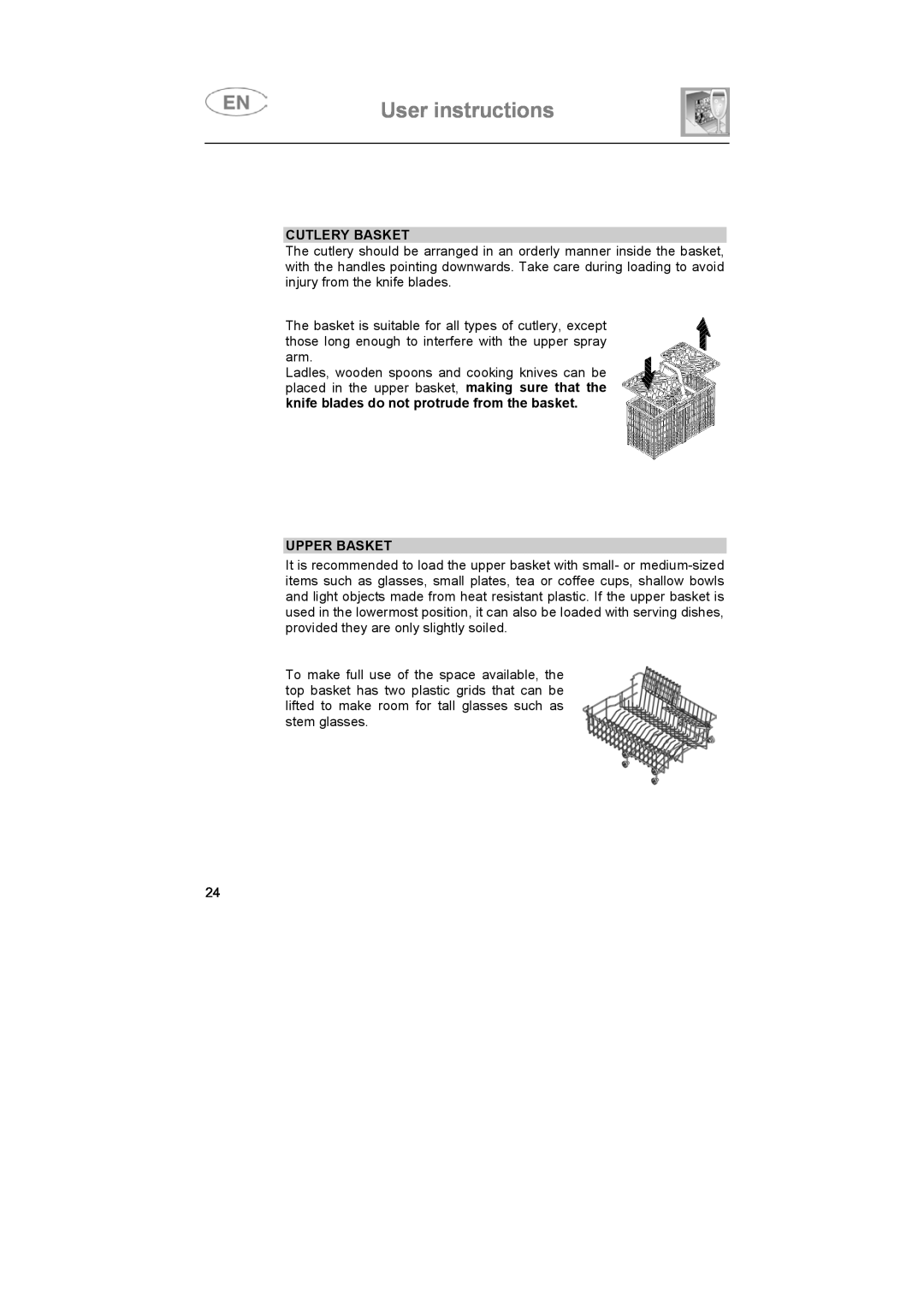 Smeg SNZ442S, SNZ4427 instruction manual User instructions, Cutlery Basket, Upper Basket 