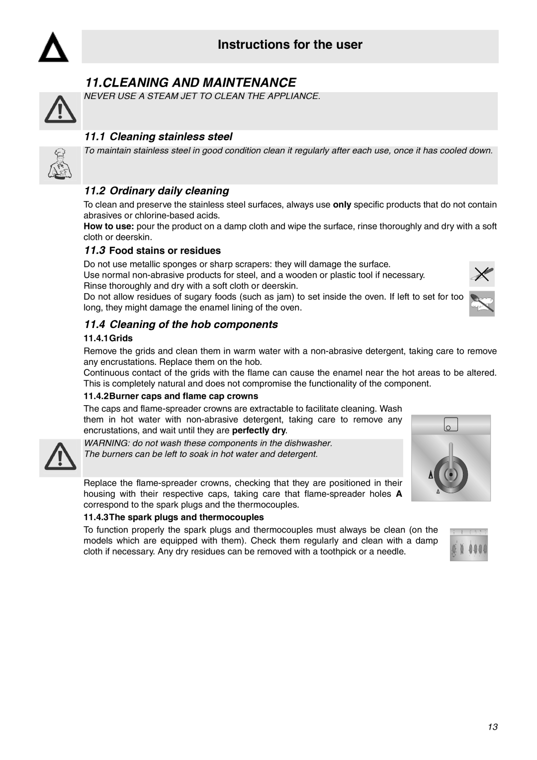 Smeg SNZ60EVX Cleaning and Maintenance, Cleaning stainless steel, Ordinary daily cleaning, Cleaning of the hob components 