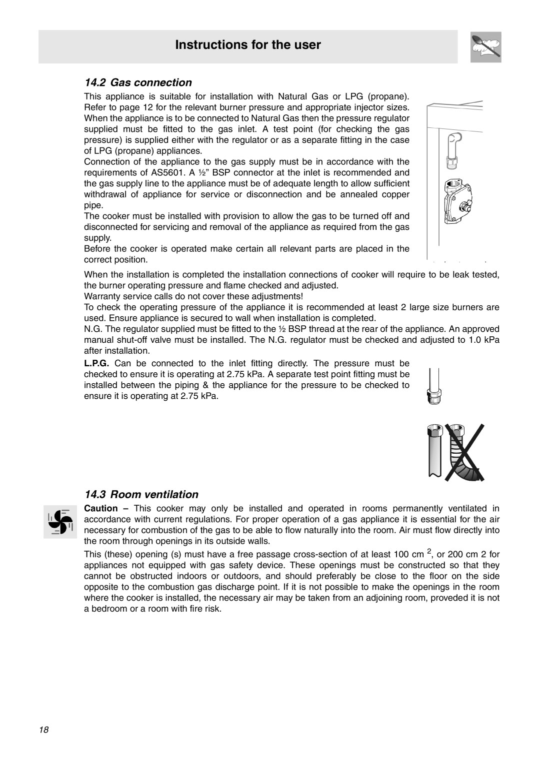 Smeg SNZ60EVX manual Gas connection, Room ventilation 