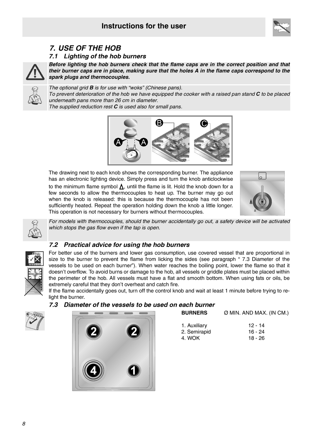 Smeg SNZ60EVX manual USE of the HOB, Lighting of the hob burners, Practical advice for using the hob burners, Burners 