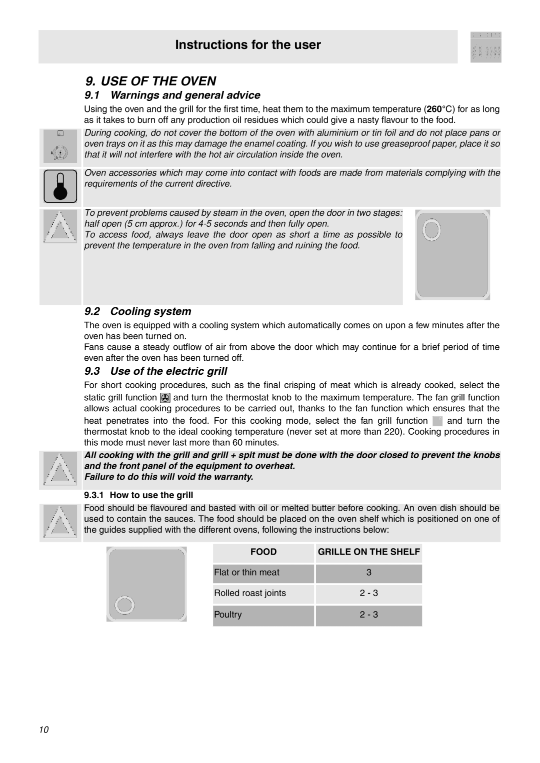 Smeg SNZ60EVX manual USE of the Oven, Cooling system, Use of the electric grill, Food Grille on the Shelf 