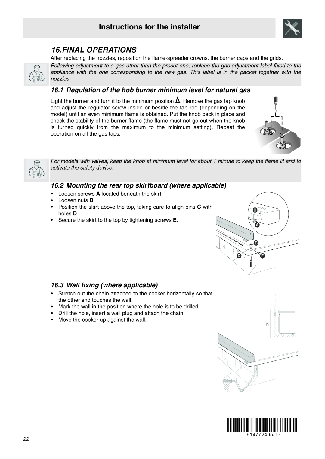Smeg SNZ60EVX manual Final Operations, Wall fixing where applicable, Instructions for the installer 