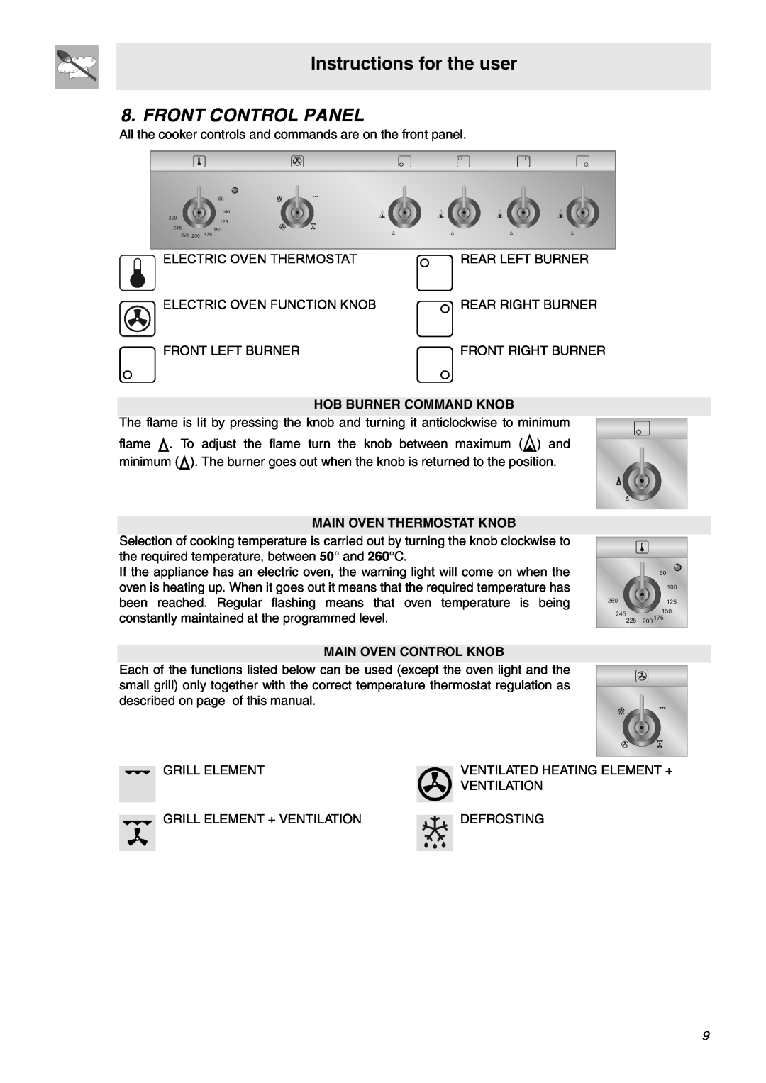 Smeg SNZ60EVX manual Front Control Panel, Instructions for the user, Hob Burner Command Knob, Main Oven Thermostat Knob 