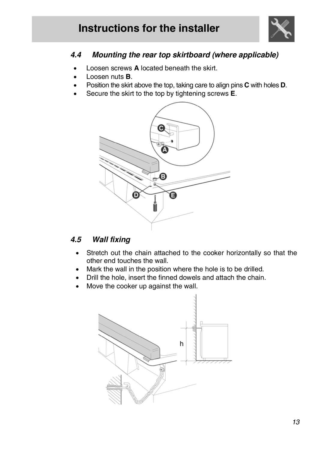 Smeg SNZ61MFX manual Mounting the rear top skirtboard where applicable, Wall fixing 