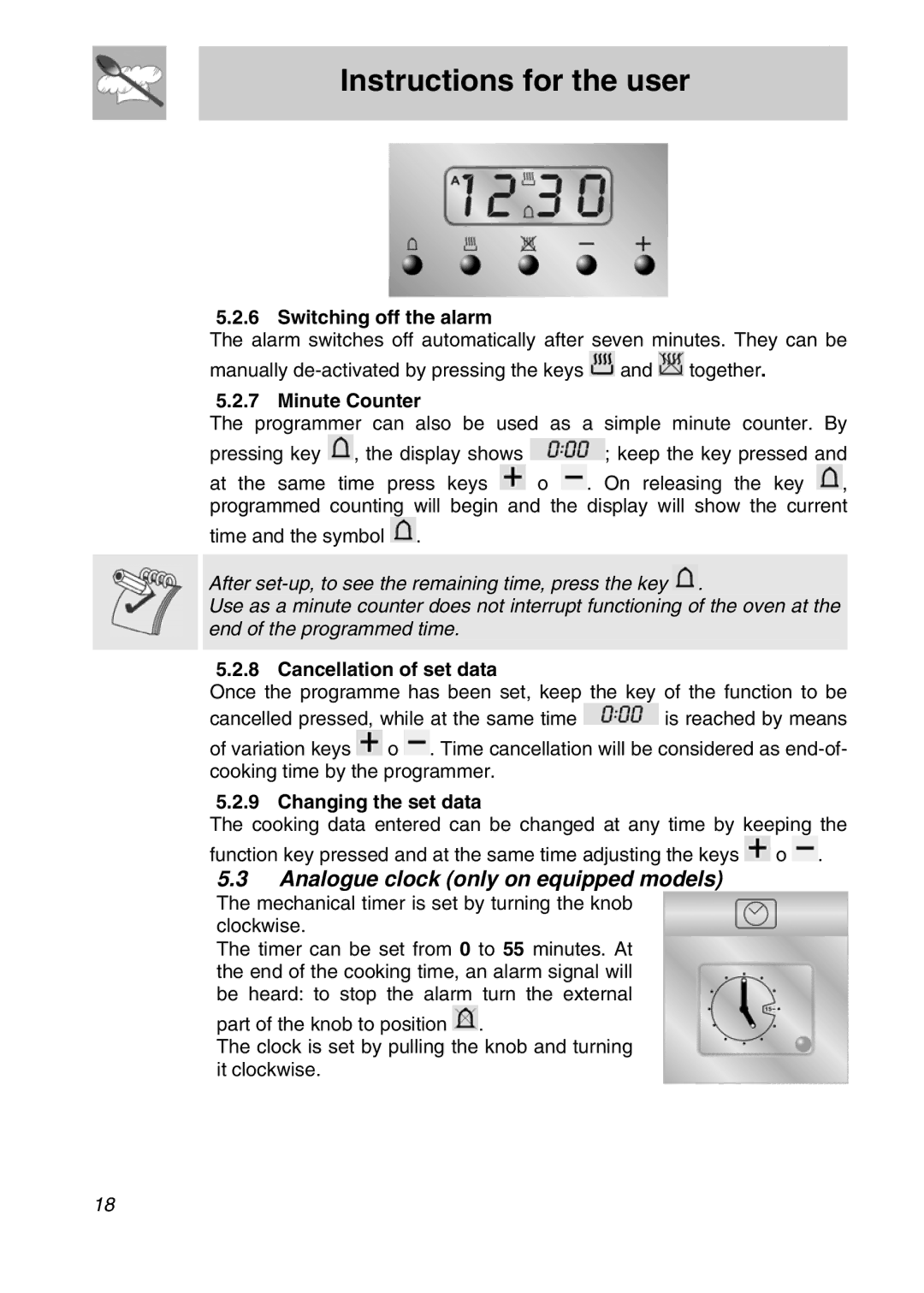 Smeg SNZ61MFX Analogue clock only on equipped models, Switching off the alarm, Minute Counter, Cancellation of set data 