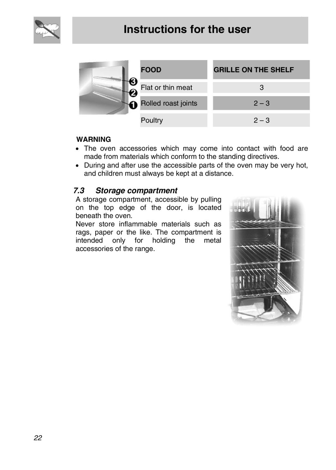 Smeg SNZ61MFX manual Storage compartment, Food Grille on the Shelf 