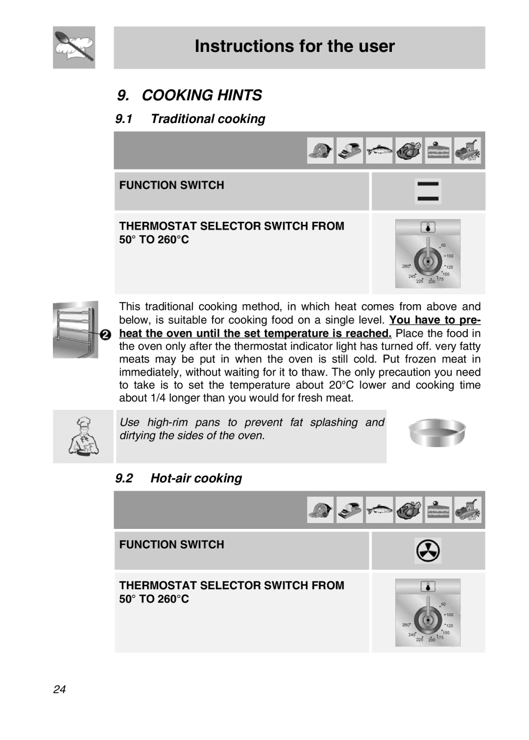 Smeg SNZ61MFX manual Cooking Hints, Traditional cooking, Hot-air cooking 