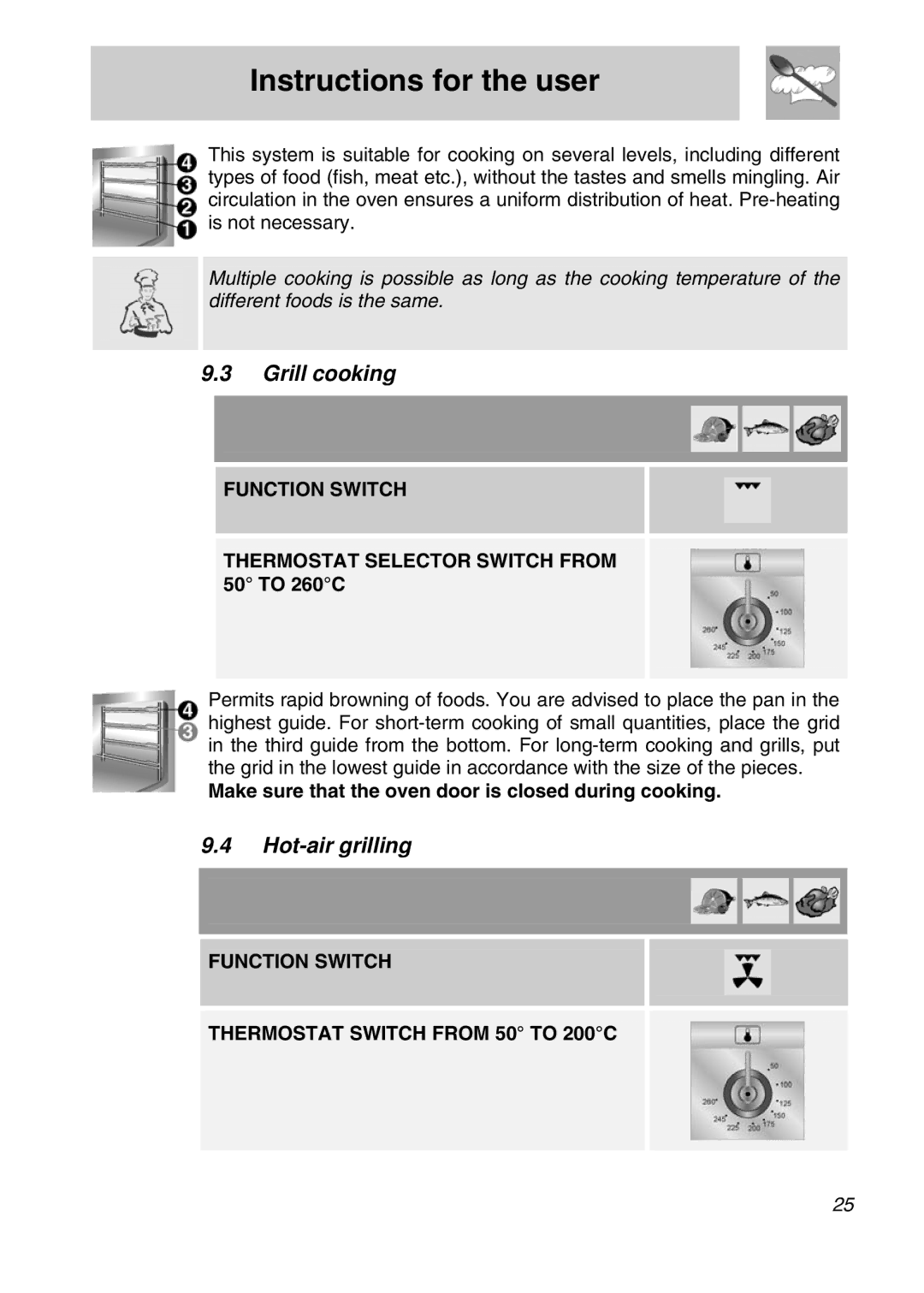 Smeg SNZ61MFX manual Grill cooking, Hot-air grilling, Make sure that the oven door is closed during cooking 