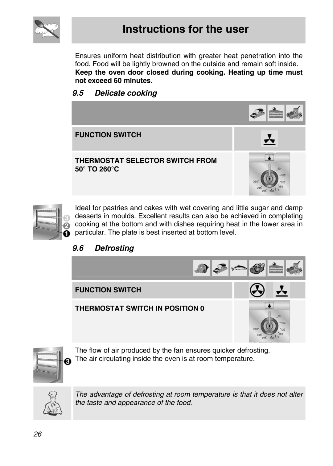 Smeg SNZ61MFX manual Delicate cooking, Defrosting, Function Switch Thermostat Switch in Position 