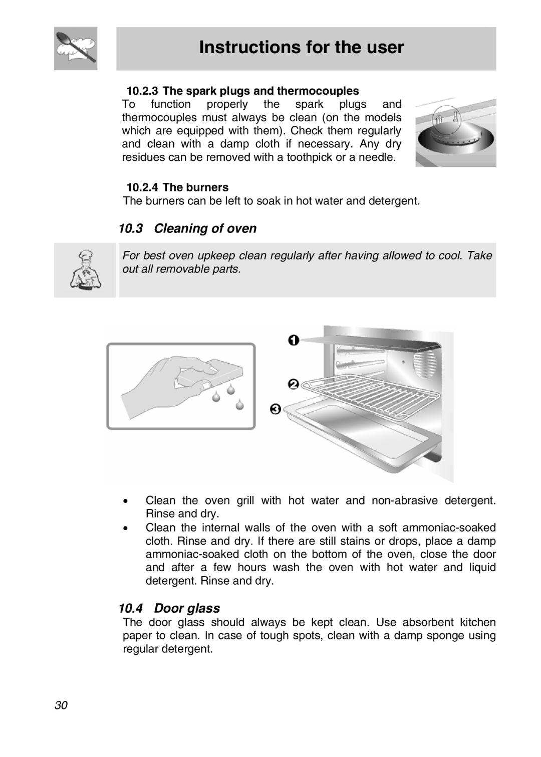 Smeg SNZ61MFX manual Cleaning of oven, Door glass, Spark plugs and thermocouples 