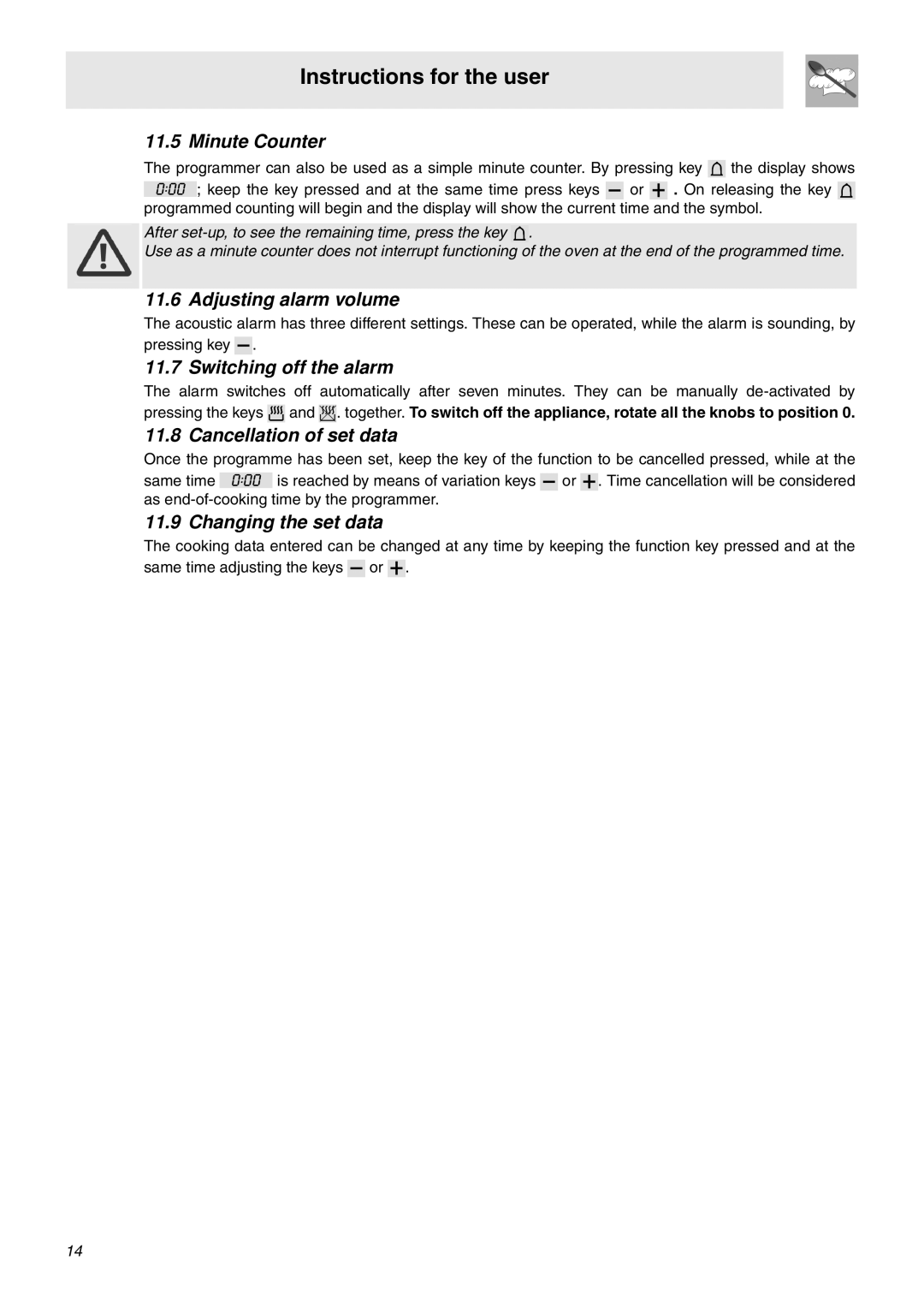 Smeg SNZ61MFX1, SNZ61MFA1 manual Minute Counter, Adjusting alarm volume, Switching off the alarm, Cancellation of set data 