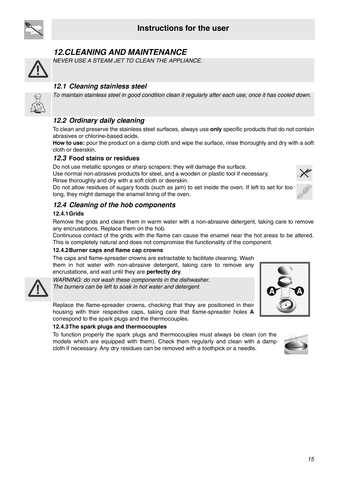 Smeg SNZ61MFA1 Cleaning and Maintenance, Cleaning stainless steel, Ordinary daily cleaning, Cleaning of the hob components 