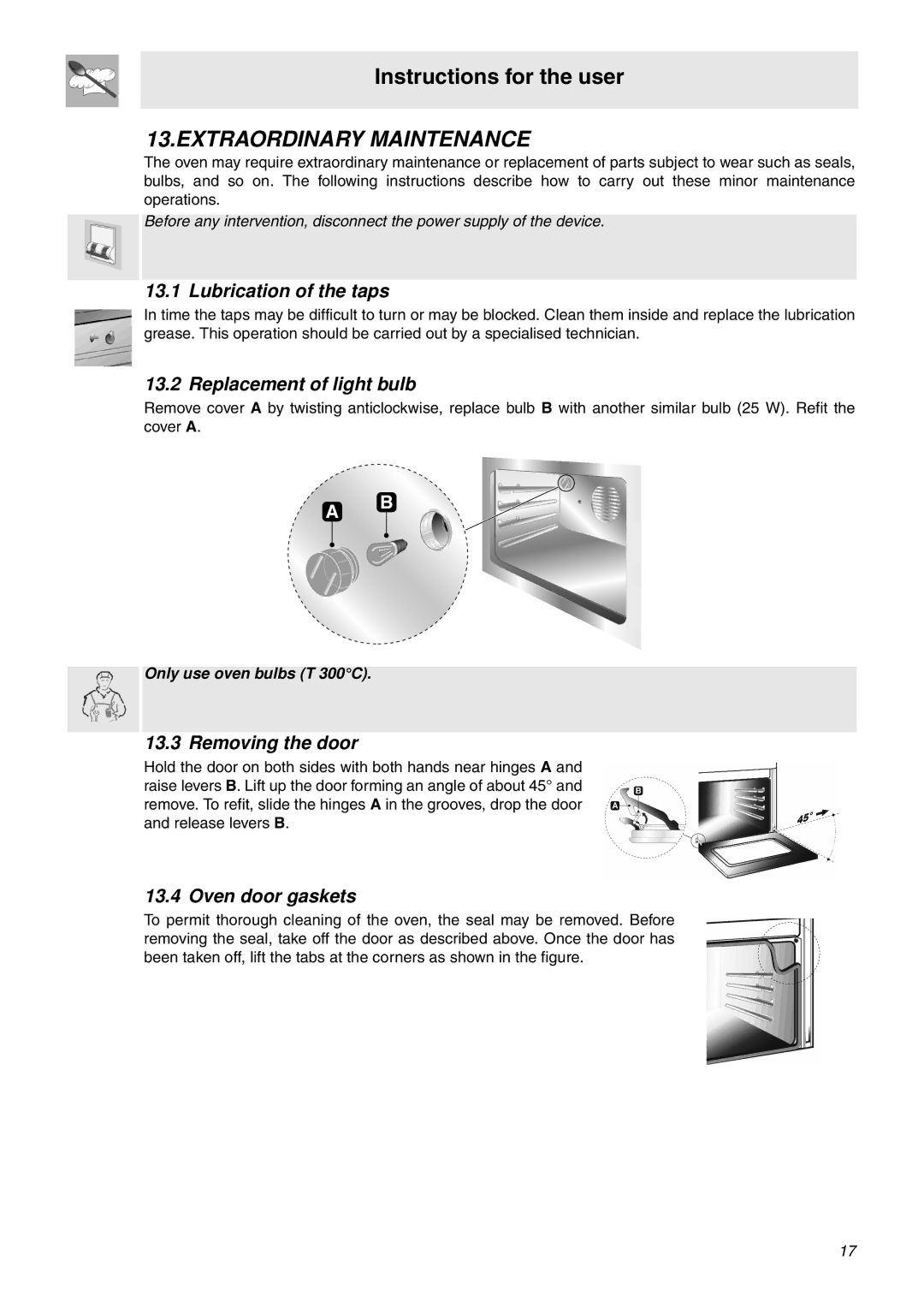 Smeg SNZ61MFA1, SNZ61MFX1 Extraordinary Maintenance, Lubrication of the taps, Replacement of light bulb, Removing the door 