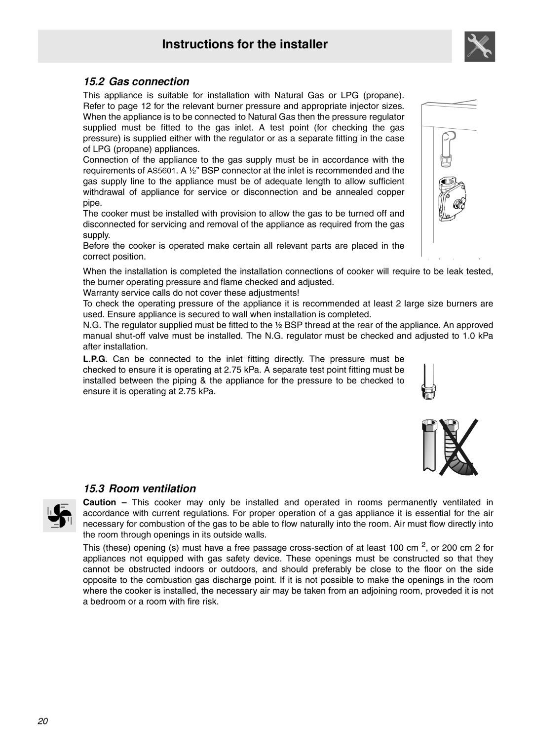 Smeg SNZ61MFX1, SNZ61MFA1 manual Gas connection, Room ventilation 