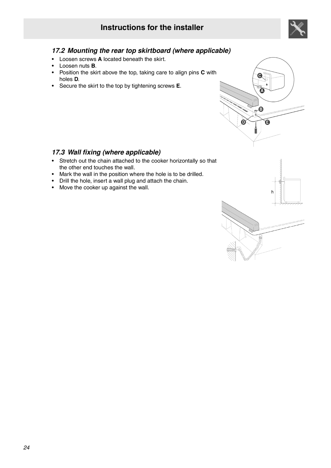 Smeg SNZ61MFX1, SNZ61MFA1 manual Mounting the rear top skirtboard where applicable, Wall fixing where applicable 