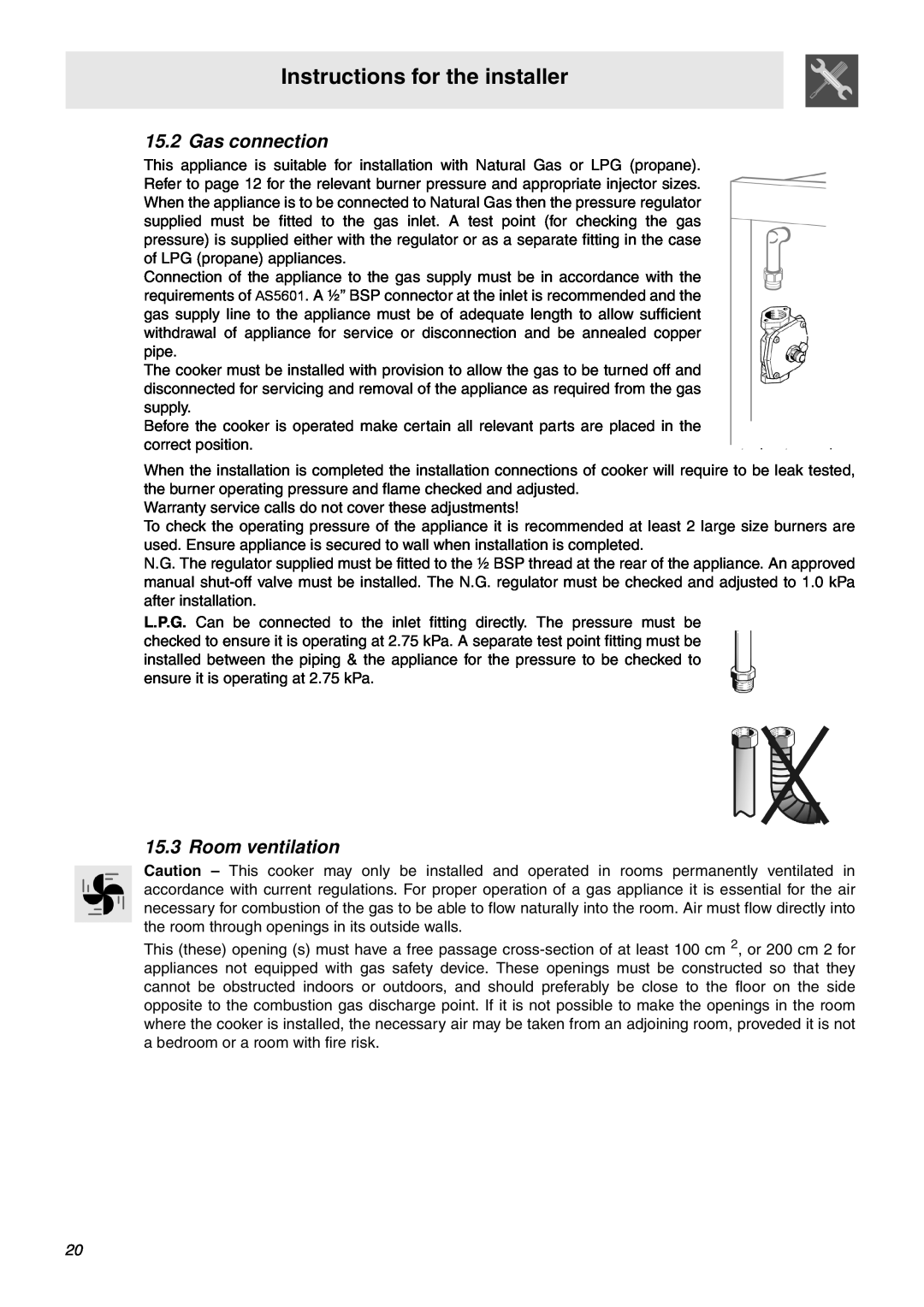 Smeg SNZ61MFX1, SNZ61MFA1 manual Gas connection, Room ventilation, Instructions for the installer 