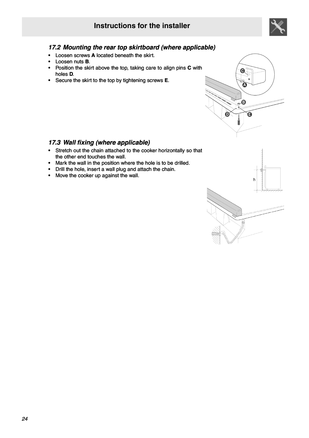 Smeg SNZ61MFX1, SNZ61MFA1 manual Mounting the rear top skirtboard where applicable, Wall fixing where applicable 