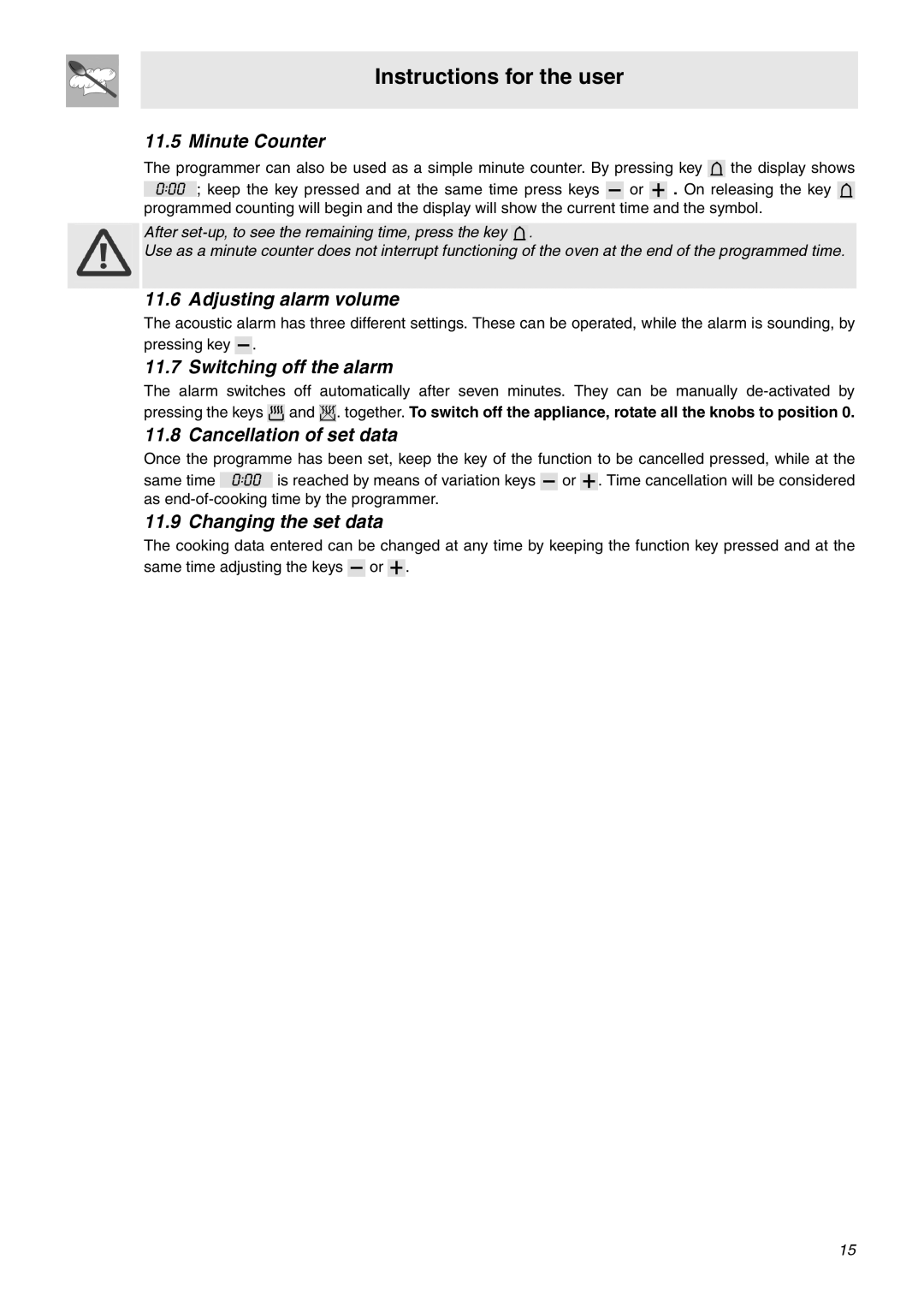 Smeg SNZ90MFX, SNZ91MFA, SNZ91MFX Minute Counter, Adjusting alarm volume, Switching off the alarm, Cancellation of set data 