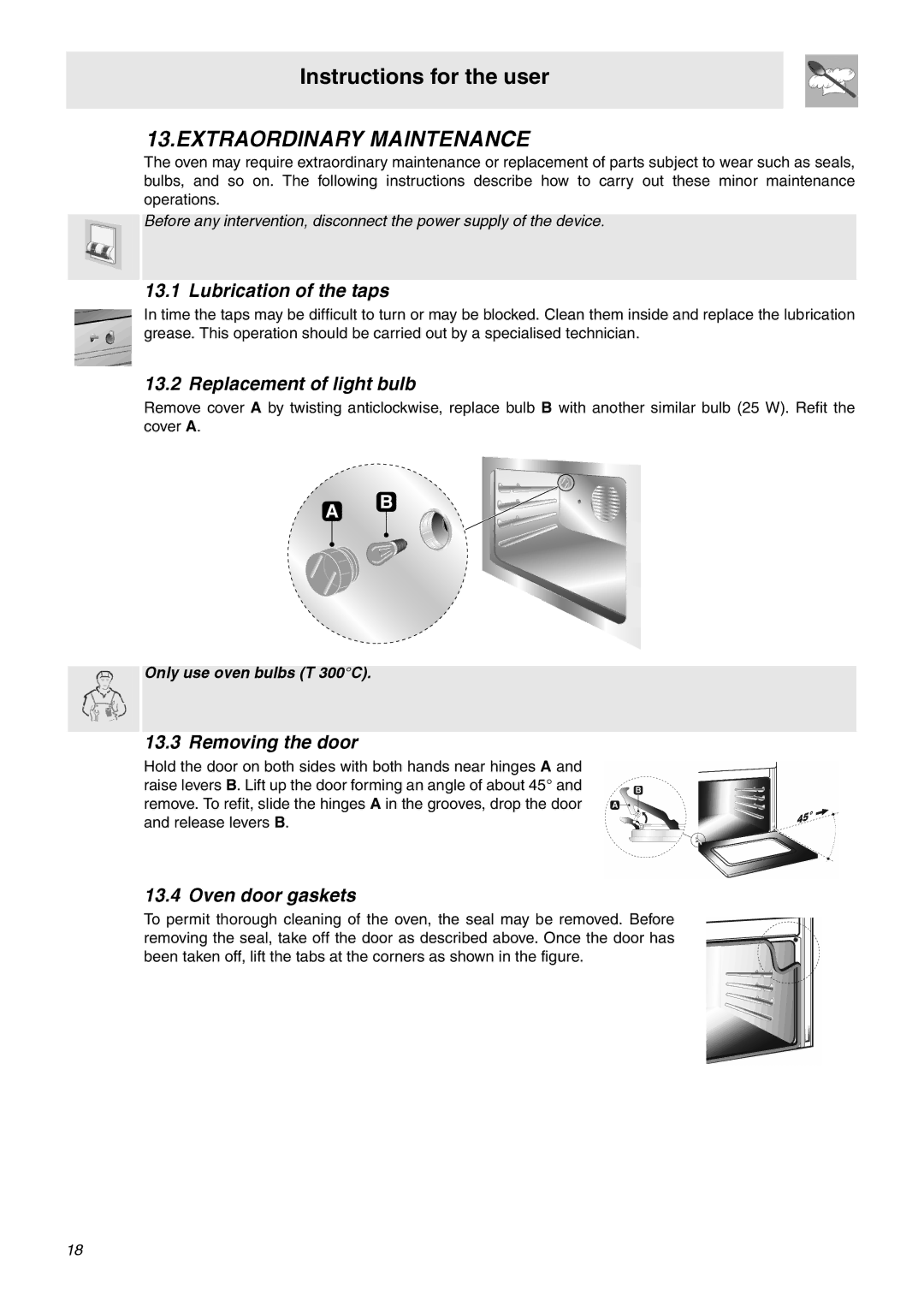 Smeg SNZ90MFX, SNZ91MFA Extraordinary Maintenance, Lubrication of the taps, Replacement of light bulb, Removing the door 