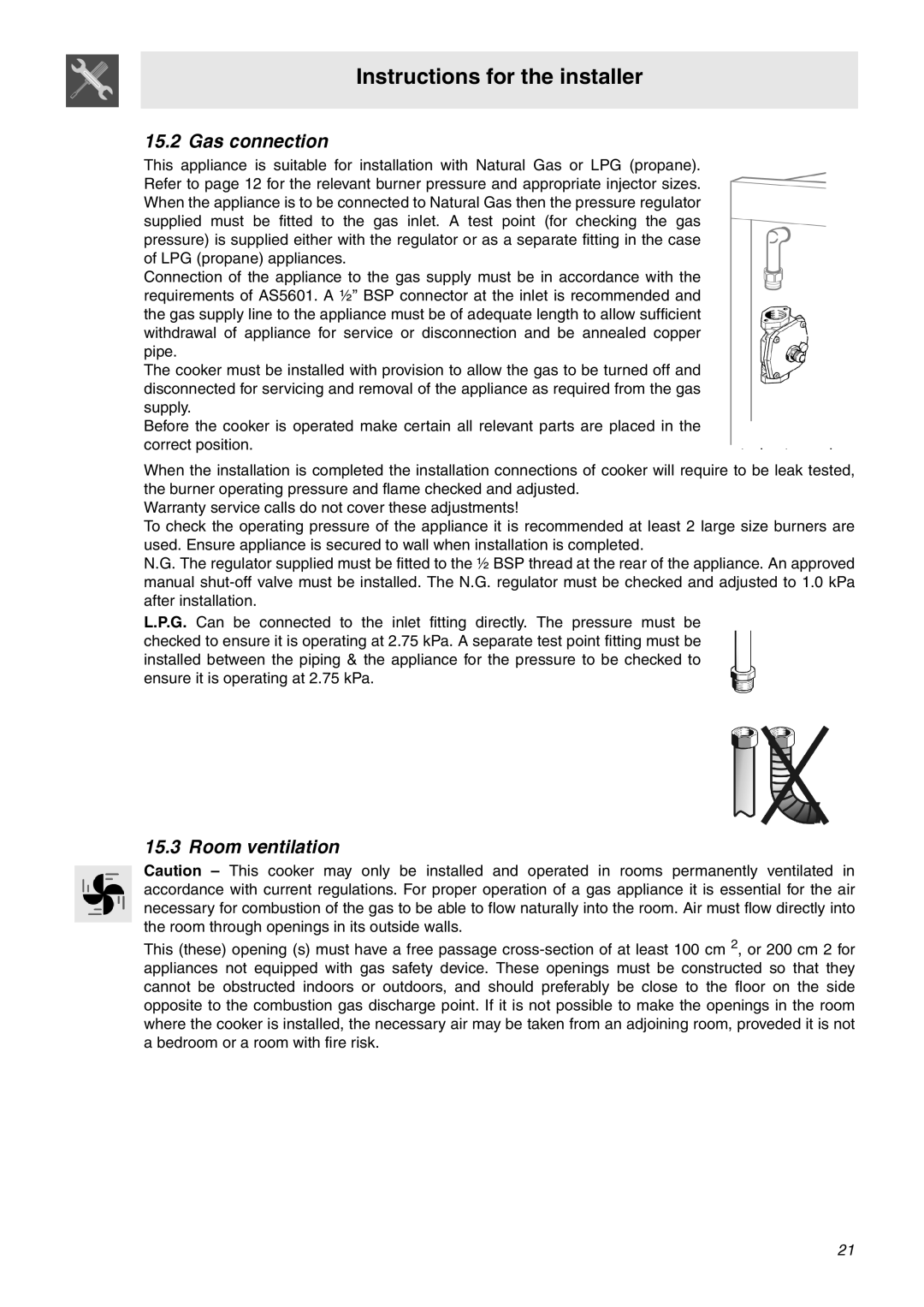 Smeg SNZ90MFX, SNZ91MFA, SNZ91MFX manual Gas connection, Room ventilation 