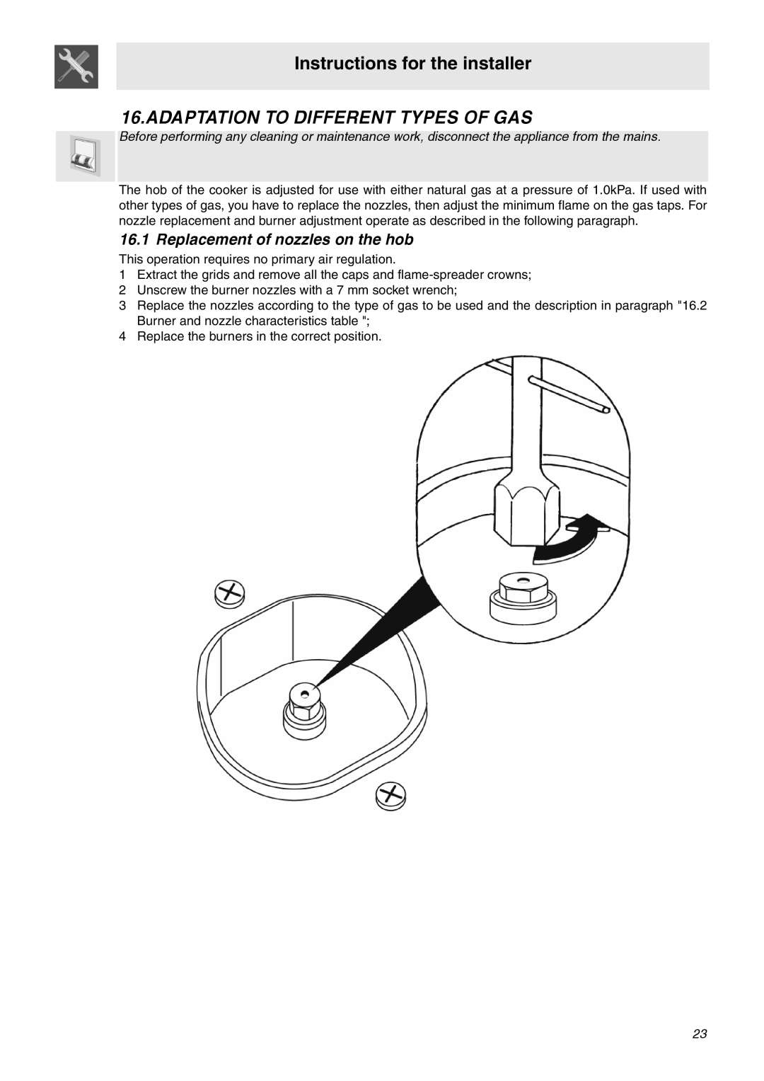 Smeg SNZ91MFA, SNZ90MFX, SNZ91MFX manual Adaptation to Different Types of GAS, Replacement of nozzles on the hob 