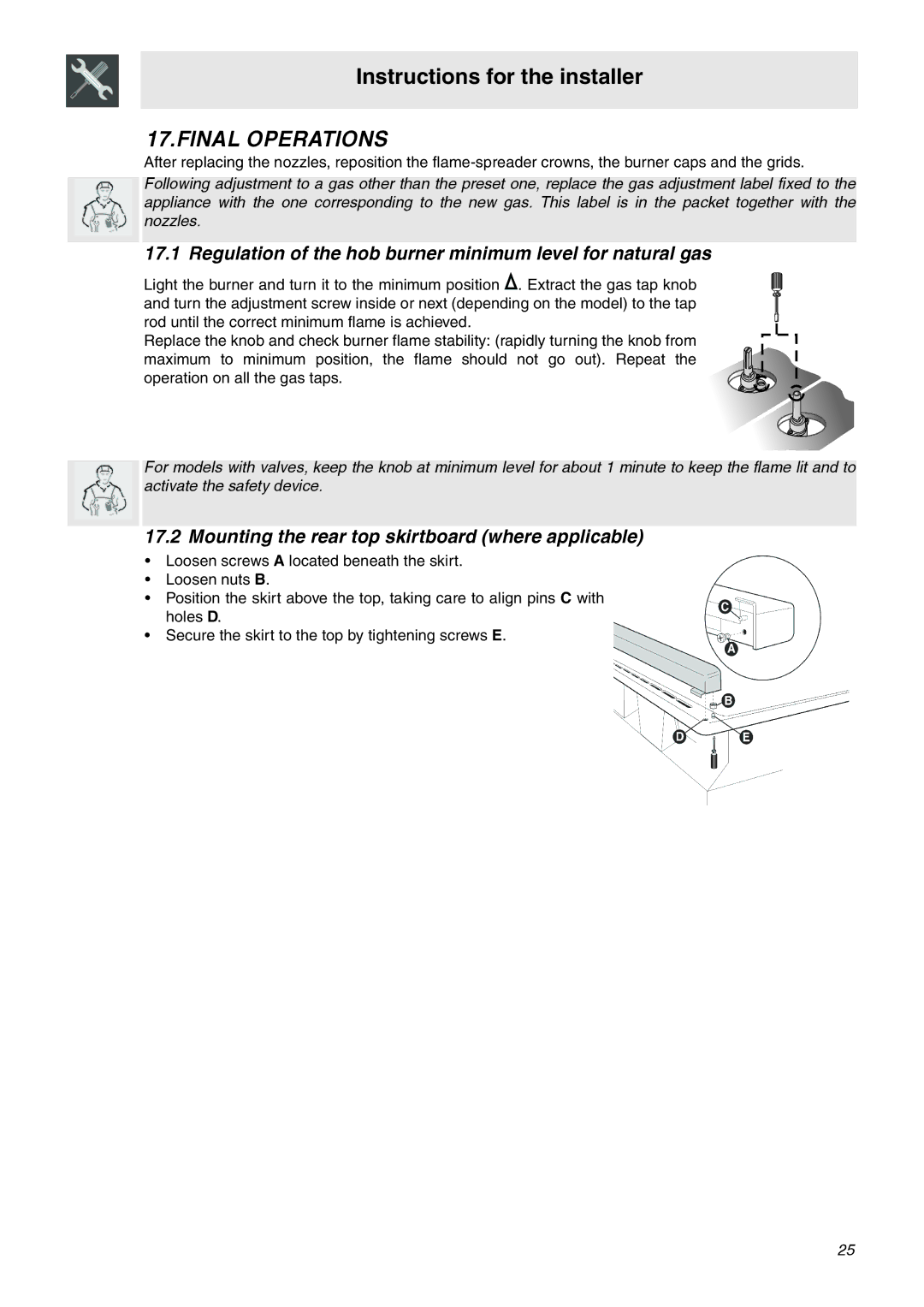 Smeg SNZ91MFX, SNZ91MFA, SNZ90MFX manual Final Operations, Regulation of the hob burner minimum level for natural gas 