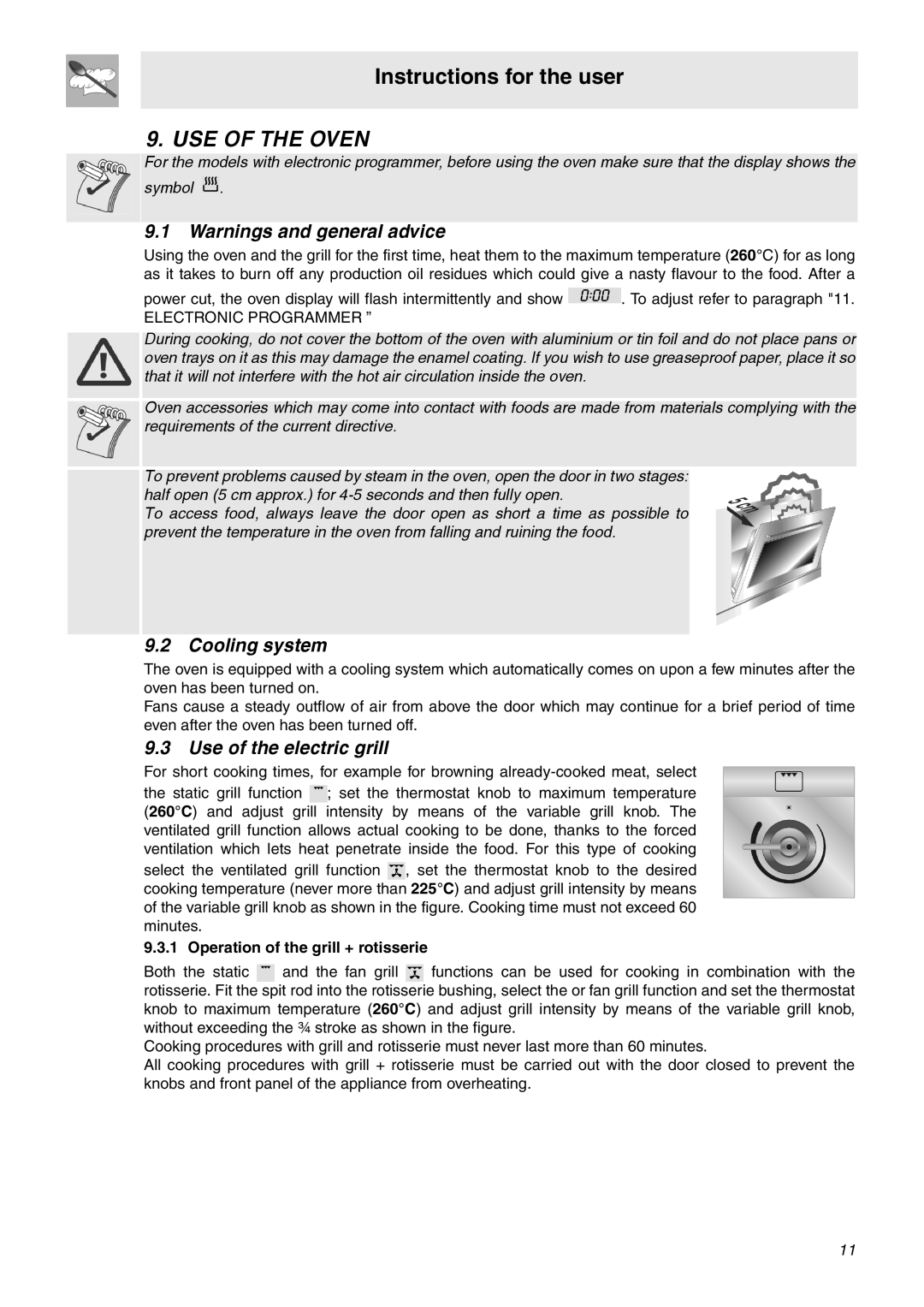 Smeg SNZ91MFA, SNZ90MFX, SNZ91MFX manual USE of the Oven, Cooling system, Use of the electric grill 