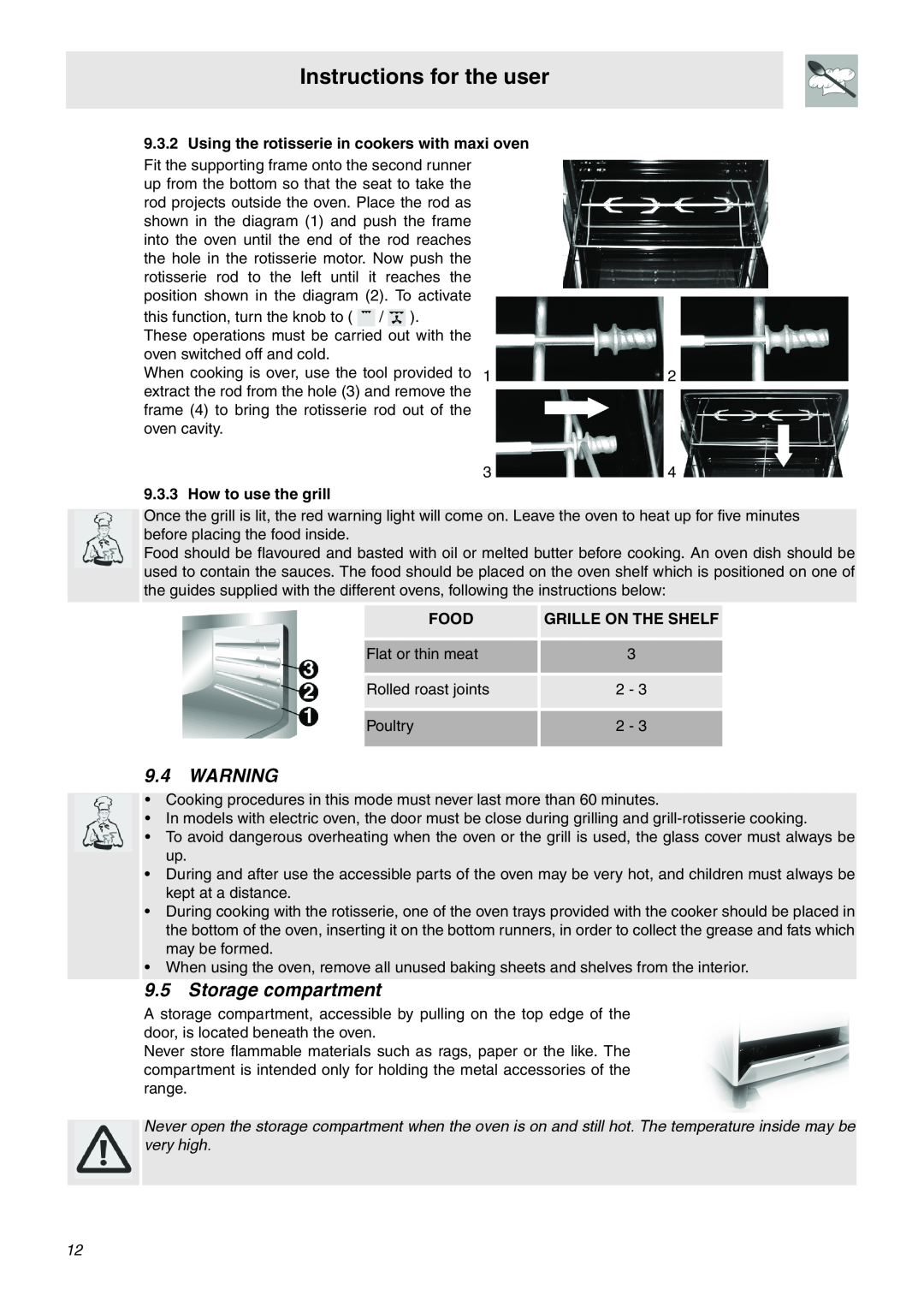 Smeg SNZ90MFX manual Storage compartment, Instructions for the user, Using the rotisserie in cookers with maxi oven, Food 
