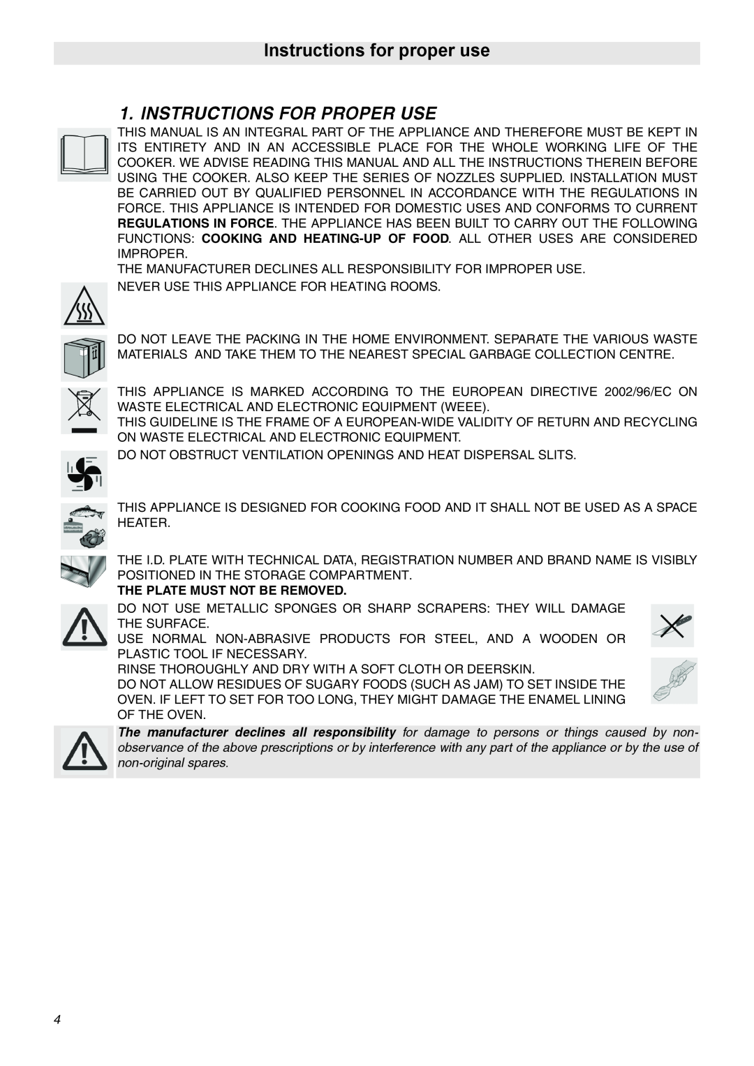 Smeg SNZ91MFX, SNZ91MFA, SNZ90MFX manual Instructions for proper use, Instructions For Proper Use 