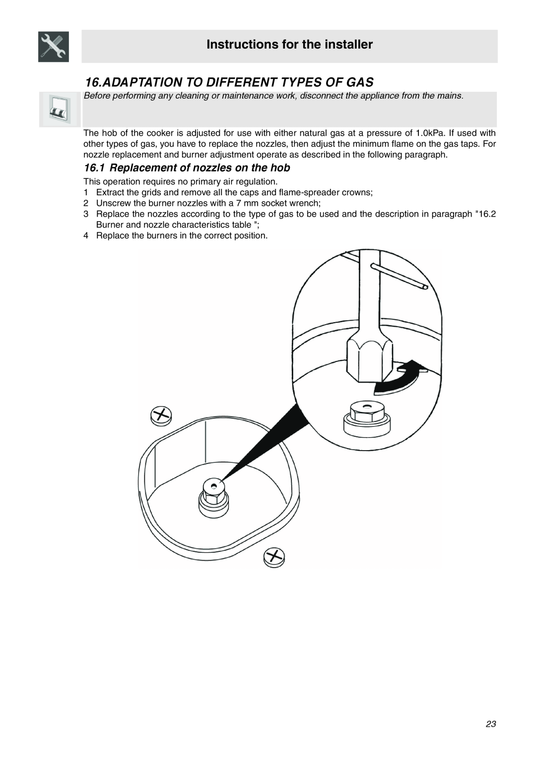 Smeg SNZ91MFA Adaptation To Different Types Of Gas, Replacement of nozzles on the hob, Instructions for the installer 