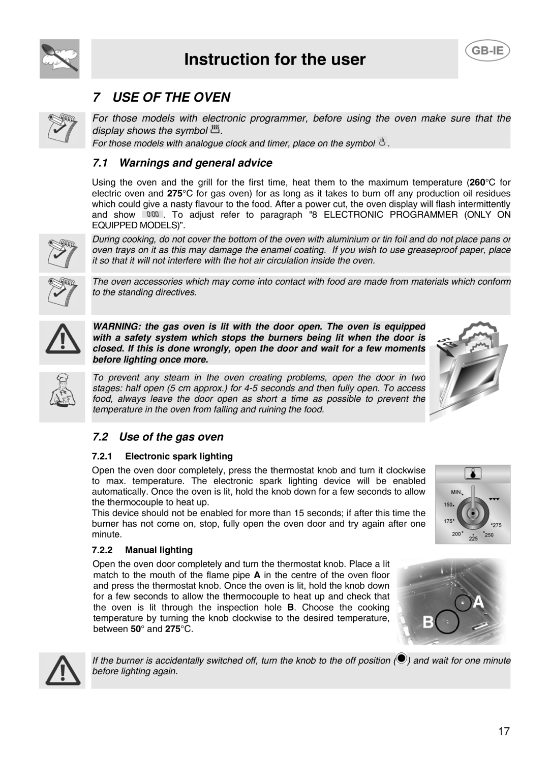 Smeg SP106VLIR, SP106VLME manual USE of the Oven, Use of the gas oven, Electronic spark lighting, Manual lighting 