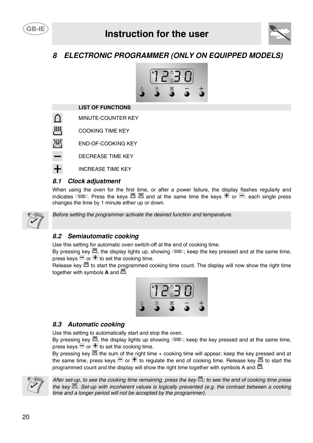 Smeg SP106VLME Electronic Programmer only on Equipped Models, Clock adjustment, Semiautomatic cooking, Automatic cooking 