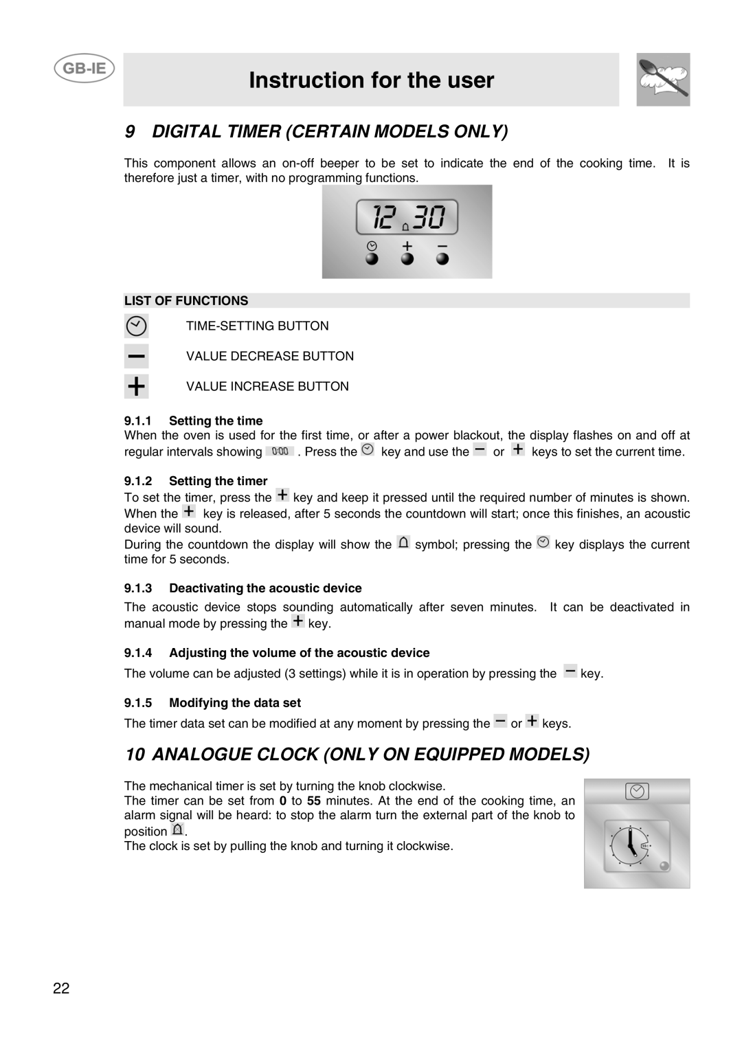 Smeg SP106VLME, SP106VLIR manual Digital Timer Certain Models only, Analogue Clock only on Equipped Models 