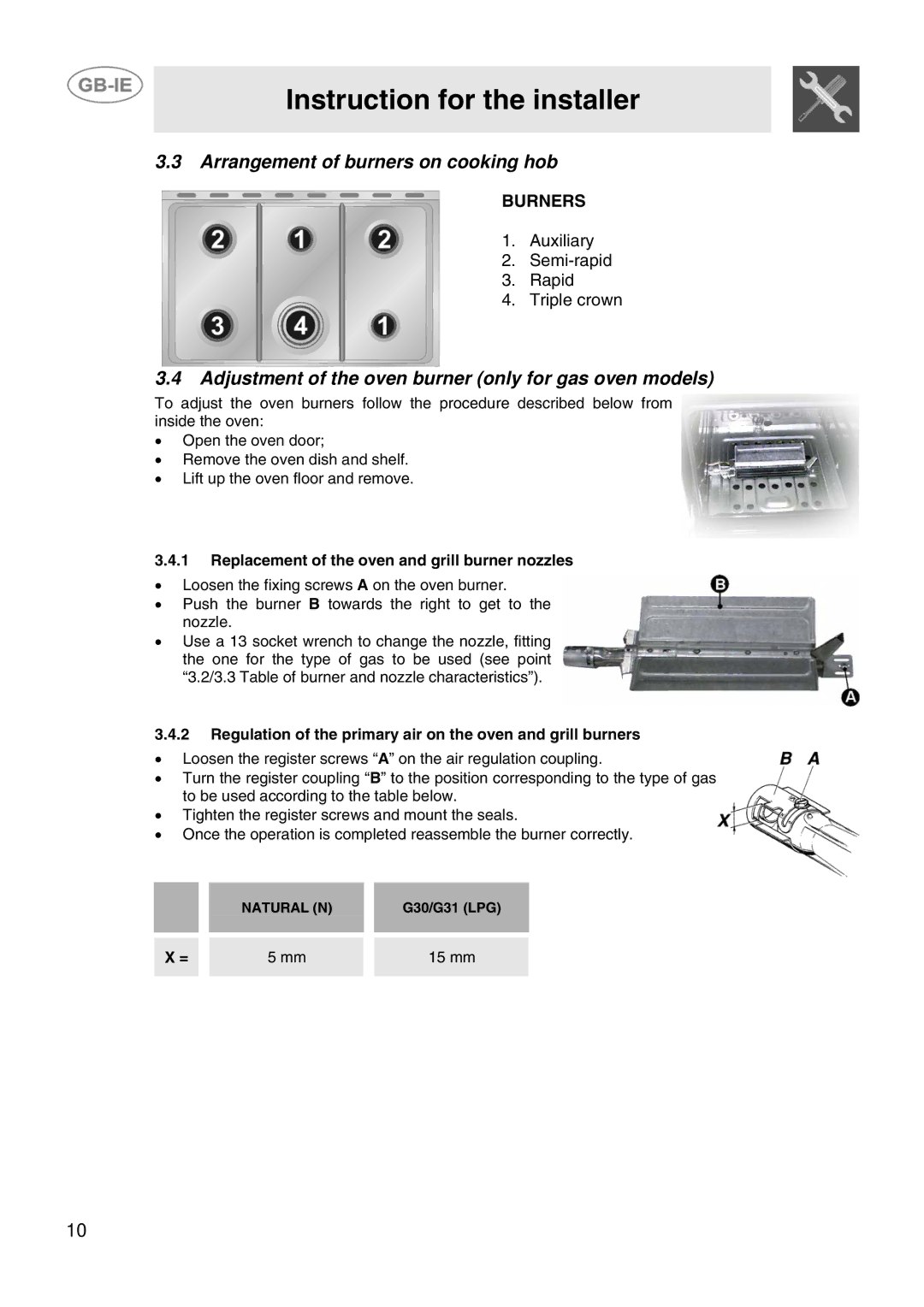 Smeg SP106VLME manual Arrangement of burners on cooking hob, Adjustment of the oven burner only for gas oven models, 15 mm 