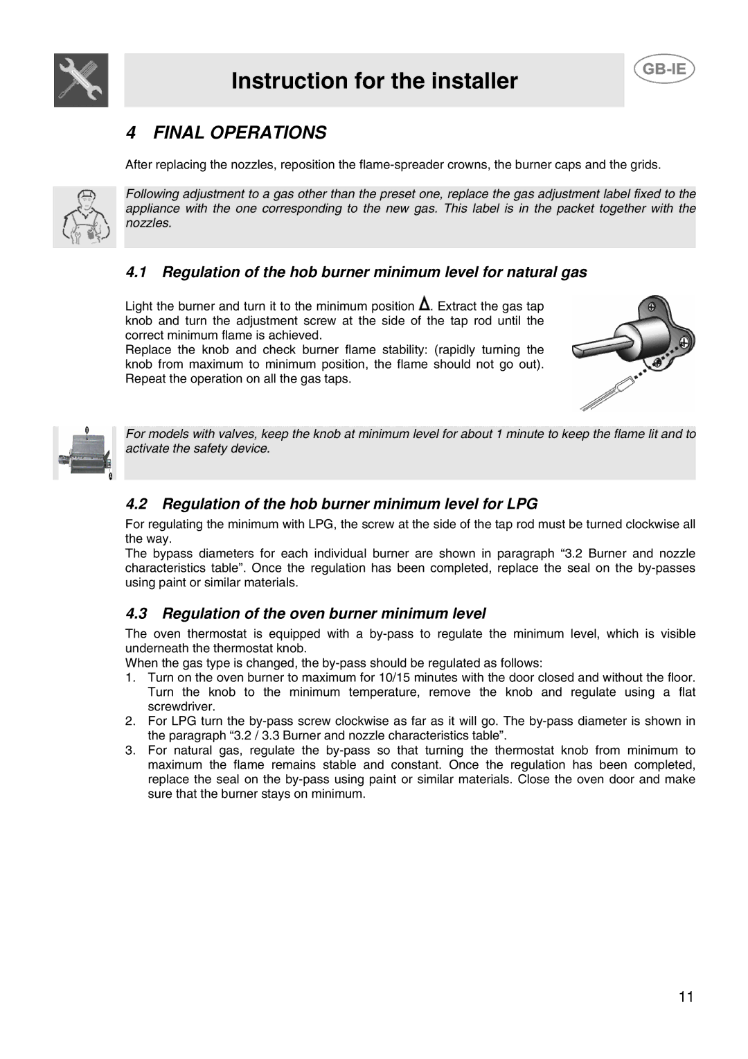 Smeg SP106VLIR, SP106VLME manual Final Operations, Regulation of the hob burner minimum level for natural gas 