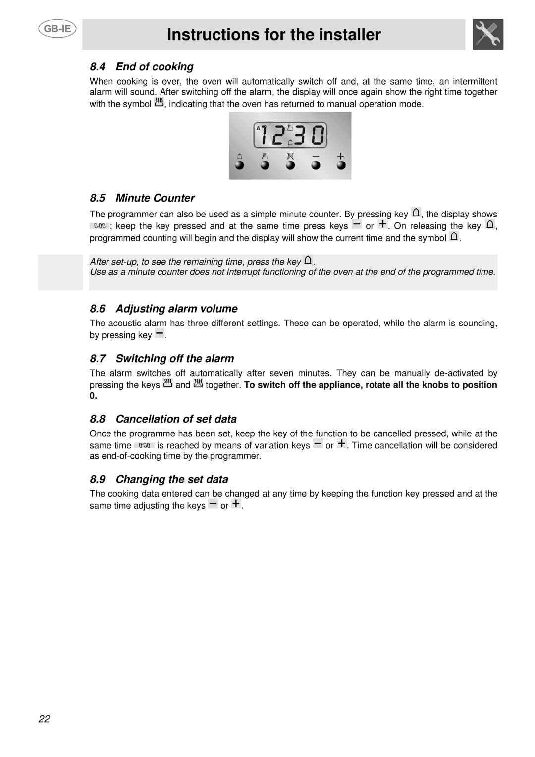 Smeg SSA91MFP1 End of cooking, Minute Counter, Adjusting alarm volume, Switching off the alarm, Cancellation of set data 