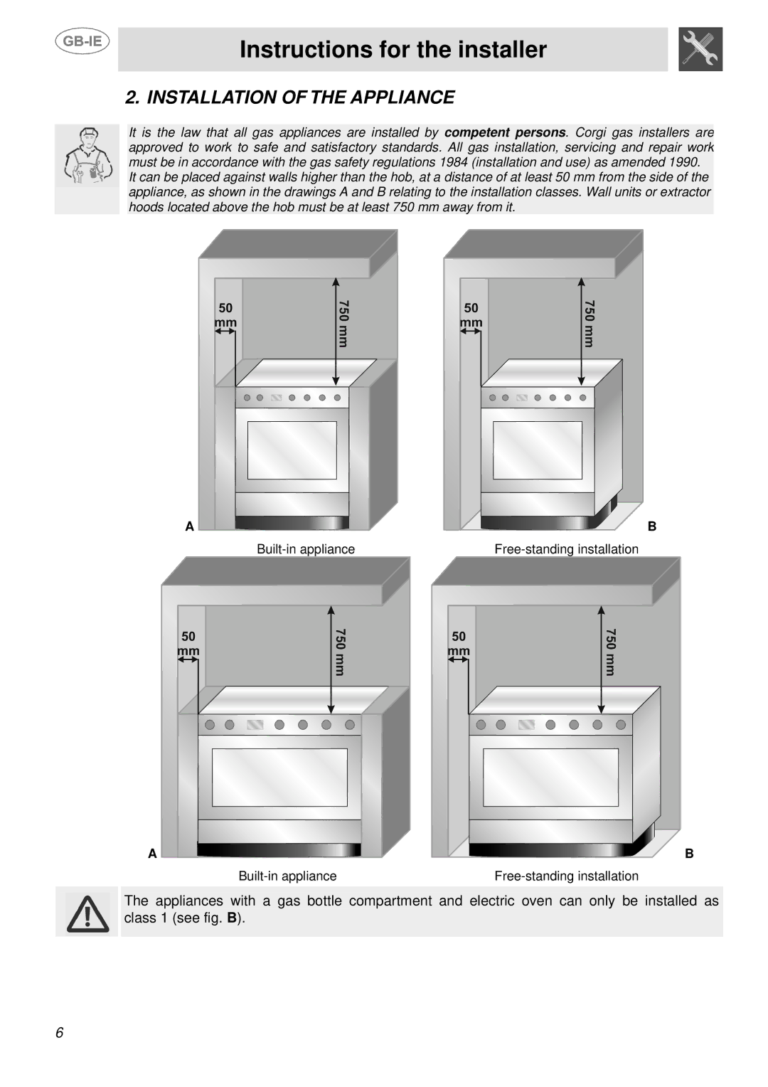 Smeg SSA91MFX1, SSA91MFP1, SSA91MFA1 manual Instructions for the installer, Installation of the Appliance 