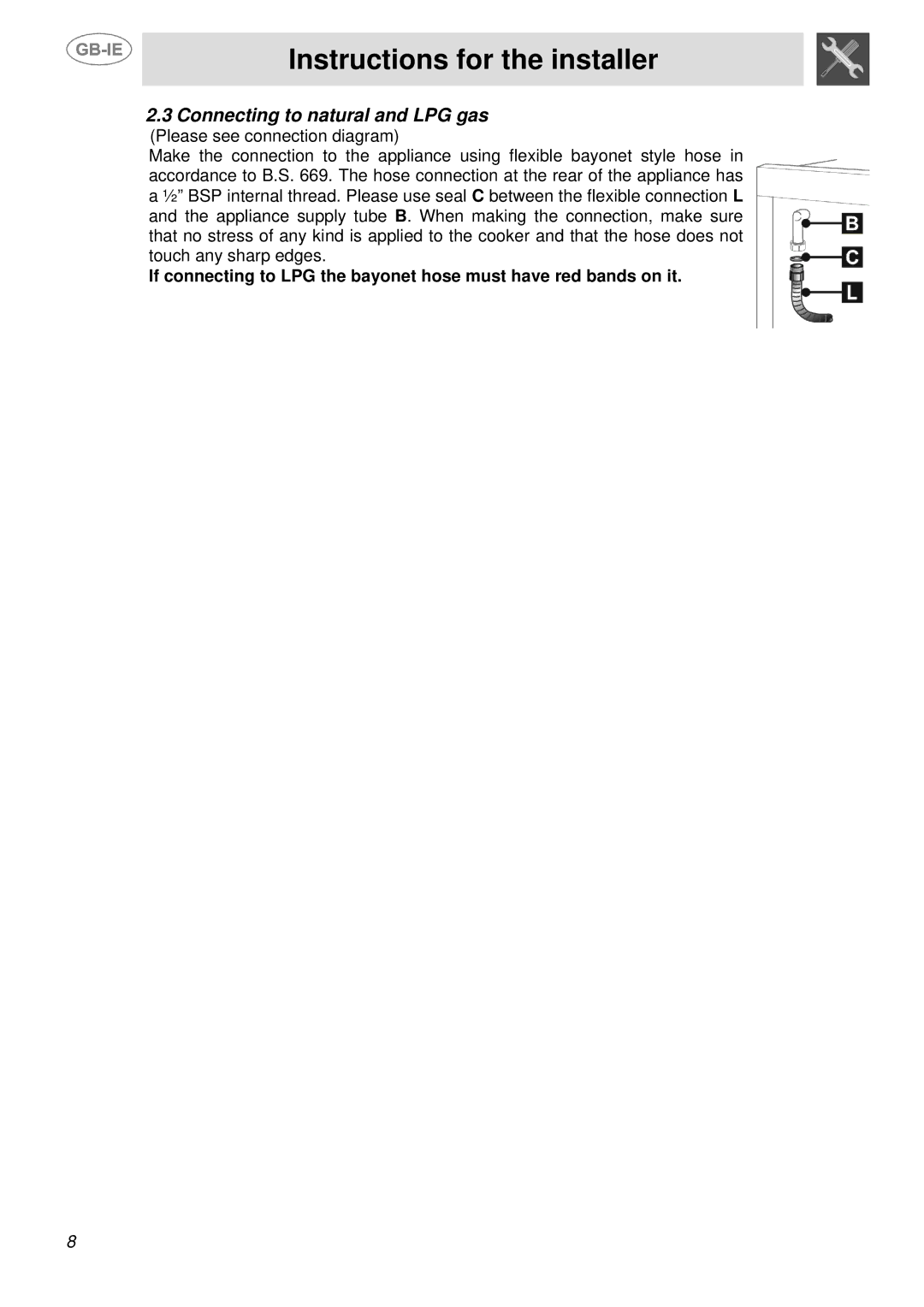 Smeg SSA91MFP1, SSA91MFA1, SSA91MFX1 manual Connecting to natural and LPG gas 