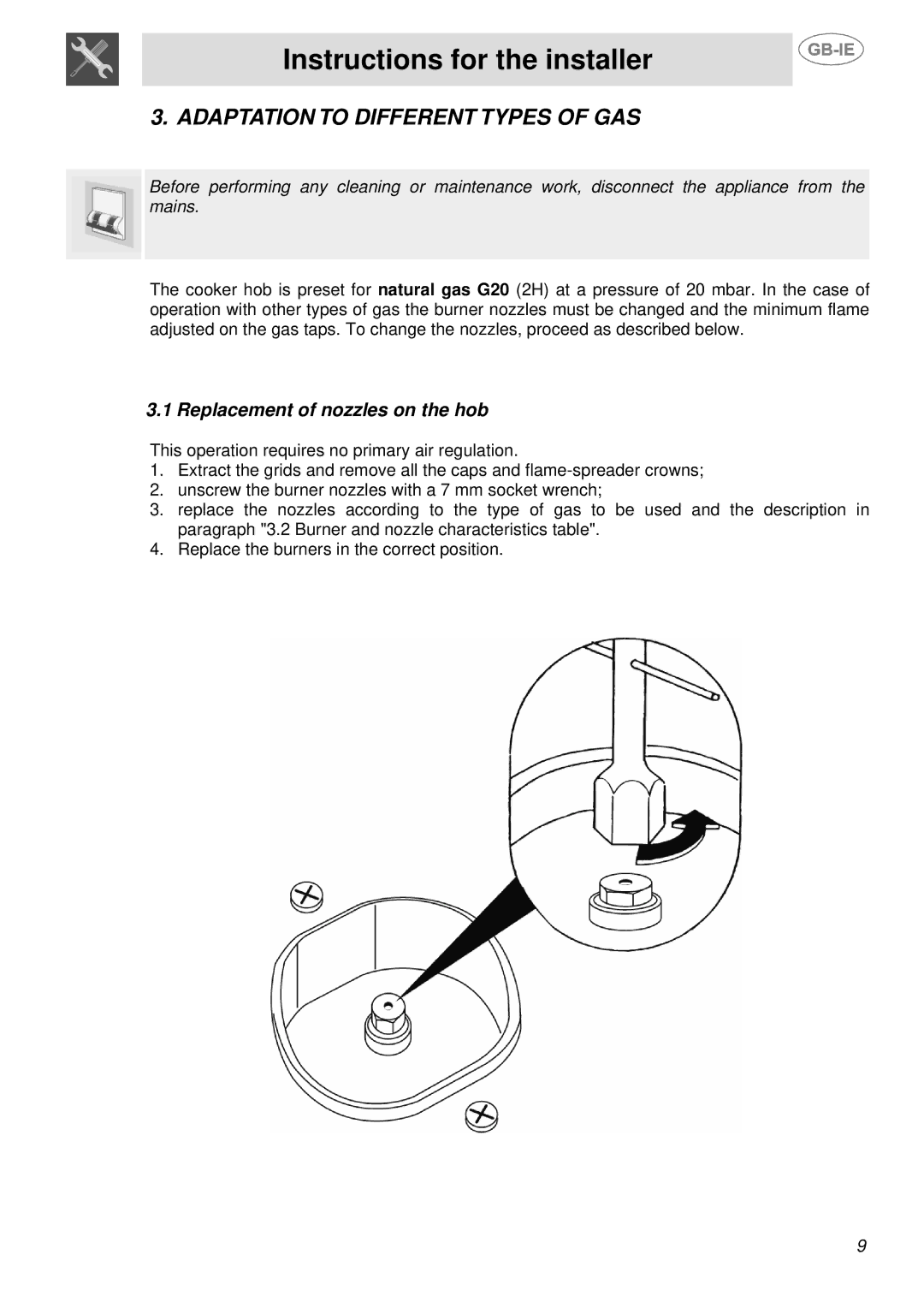 Smeg SSA91MFP1, SSA91MFA1, SSA91MFX1 manual Adaptation to Different Types of GAS, Replacement of nozzles on the hob 