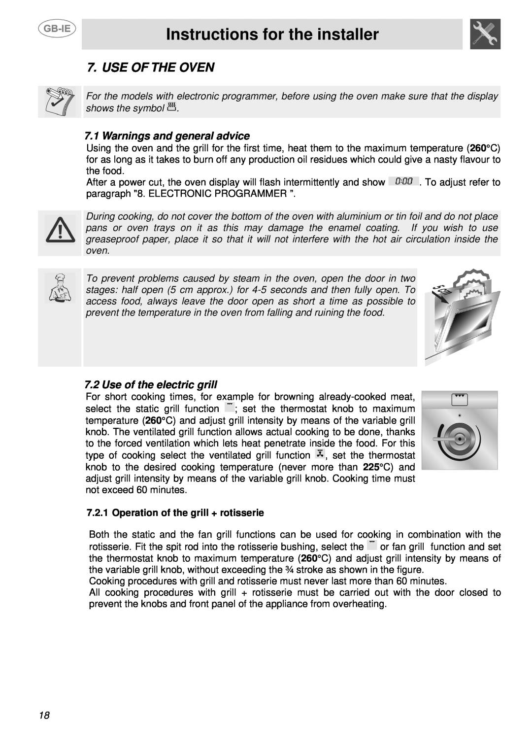Smeg SSA91MFA Use Of The Oven, Warnings and general advice, Use of the electric grill, Instructions for the installer 