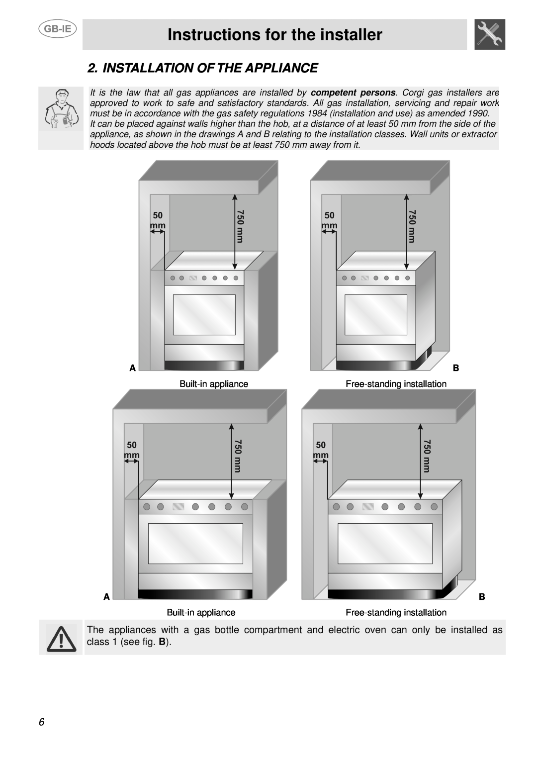 Smeg SSA91MFX1, SSA91MFP1, SSA91MFA1 manual Instructions for the installer, Installation Of The Appliance 