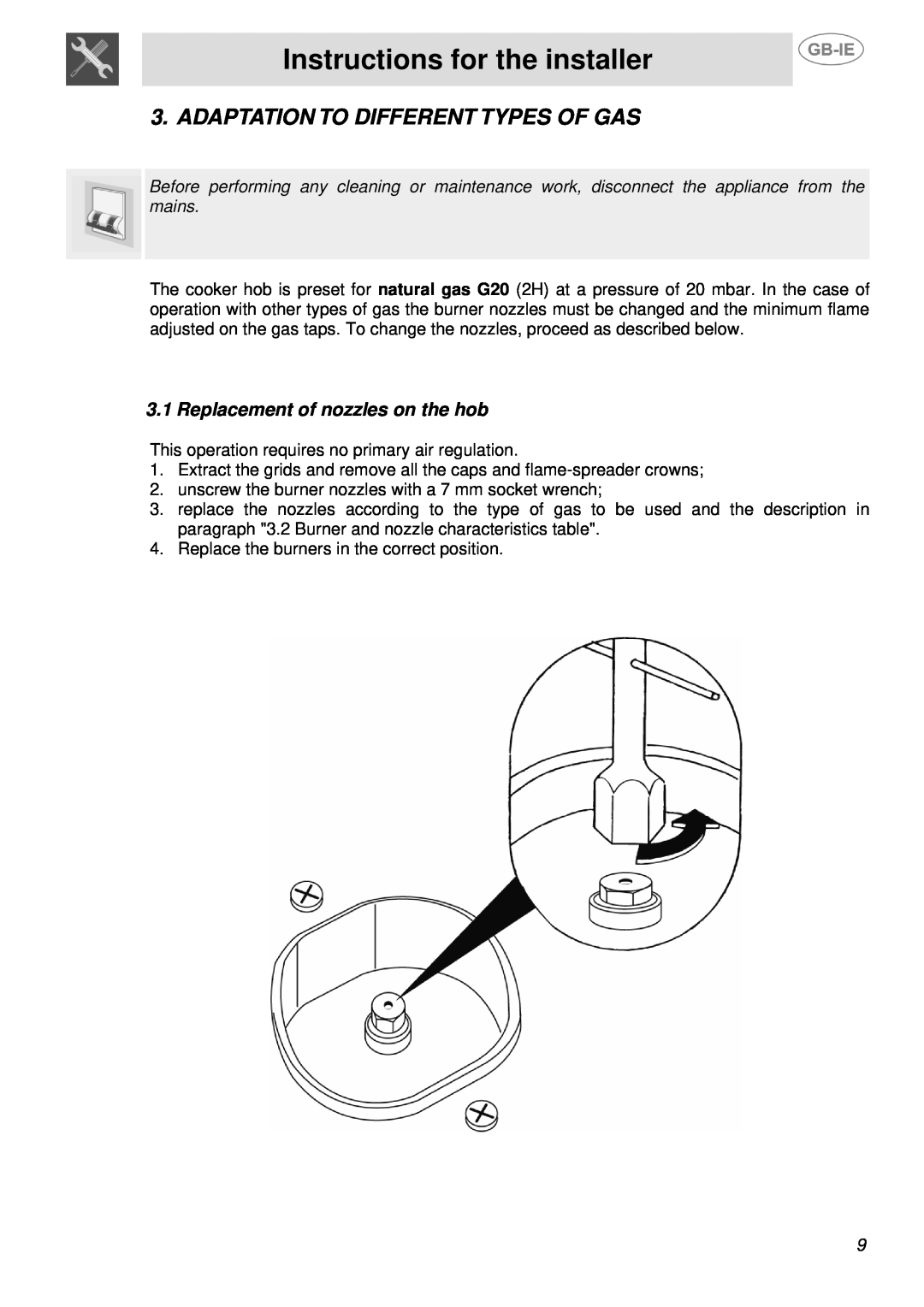 Smeg SSA91MFX Adaptation To Different Types Of Gas, Replacement of nozzles on the hob, Instructions for the installer 