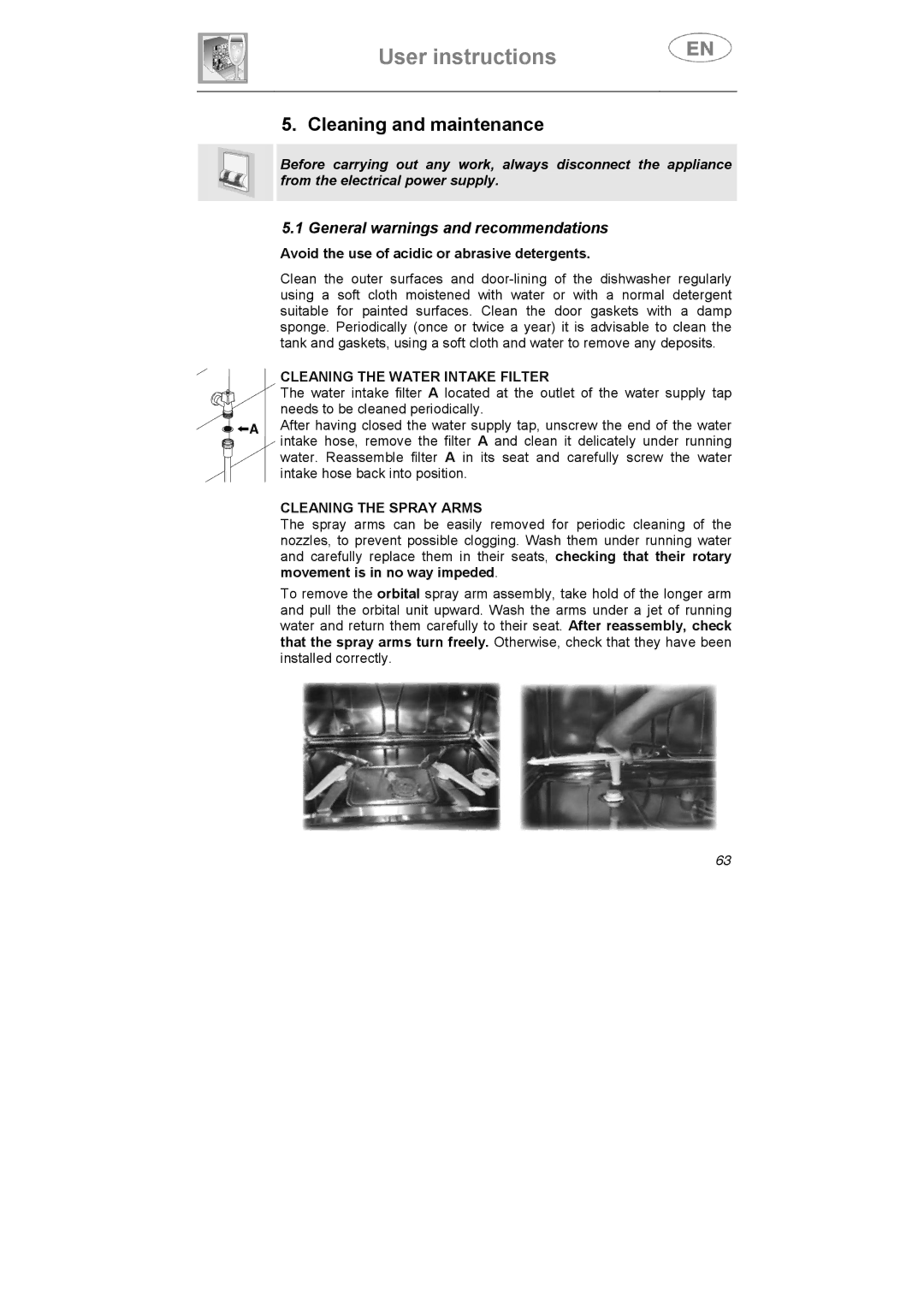 Smeg ST0904 instruction manual Cleaning and maintenance, Cleaning the Water Intake Filter, Cleaning the Spray Arms 