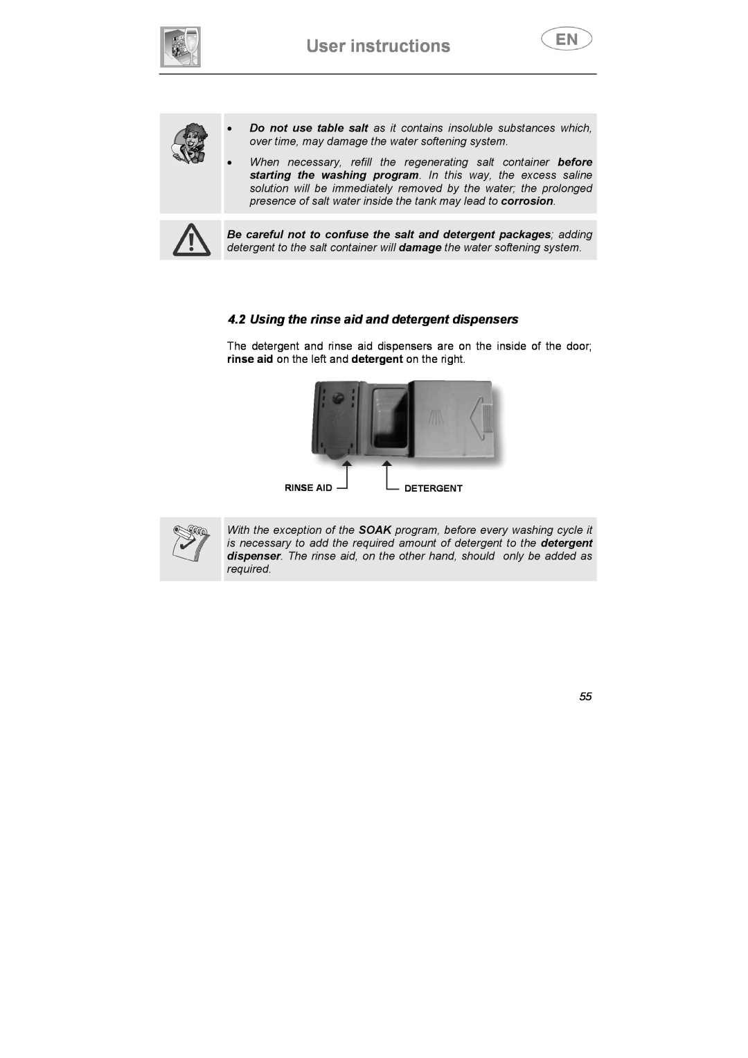 Smeg ST0904 instruction manual Using the rinse aid and detergent dispensers, User instructions, Rinse Aid, Detergent 